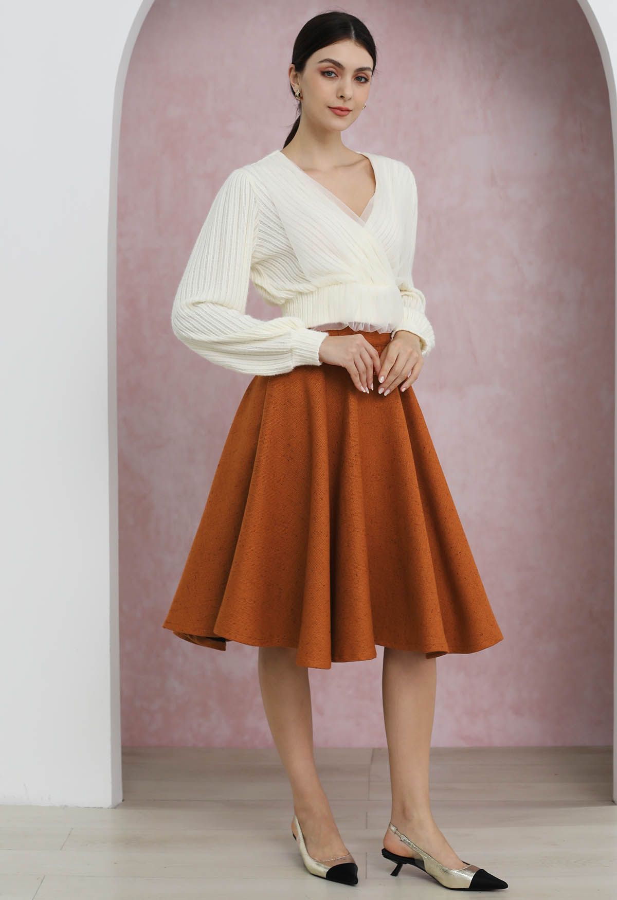 Autumn Edit Soft Tweed Flare Midi Skirt in Pumpkin