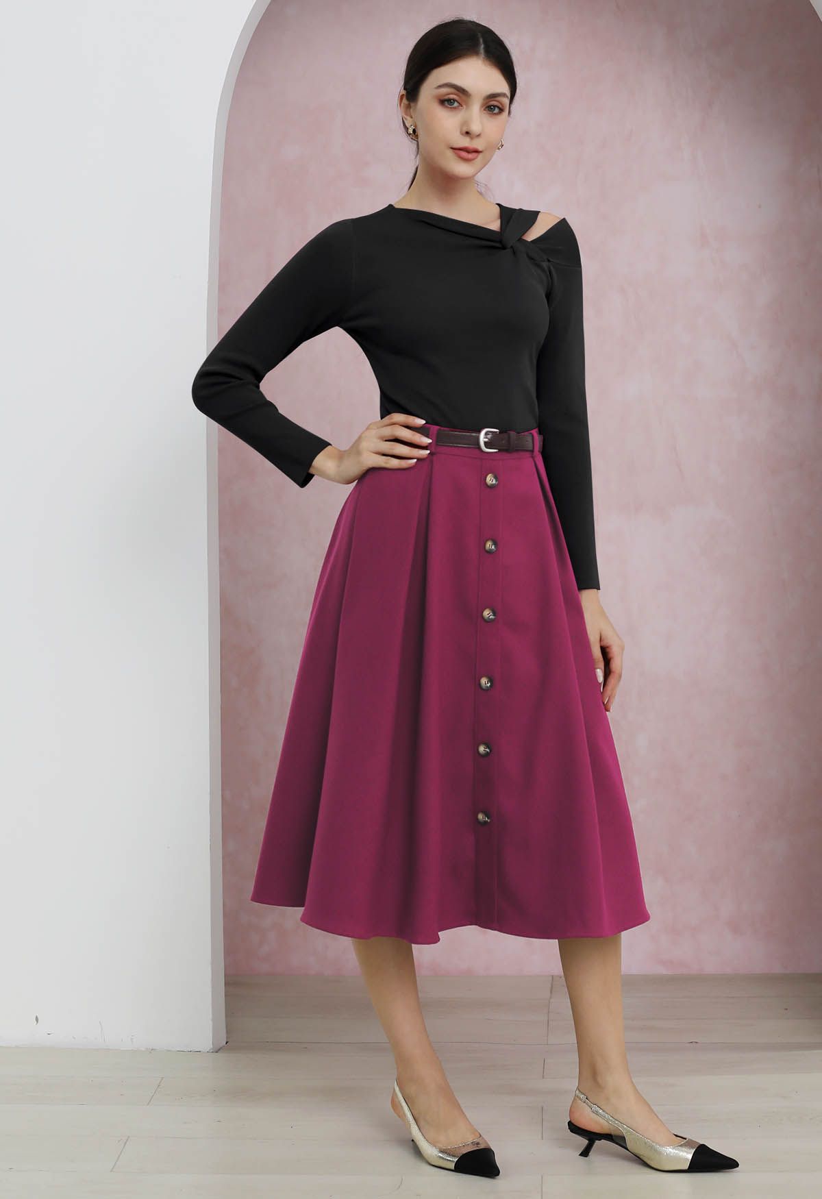 Vintage-Inspired Button Trim Pleated Midi Skirt in Berry