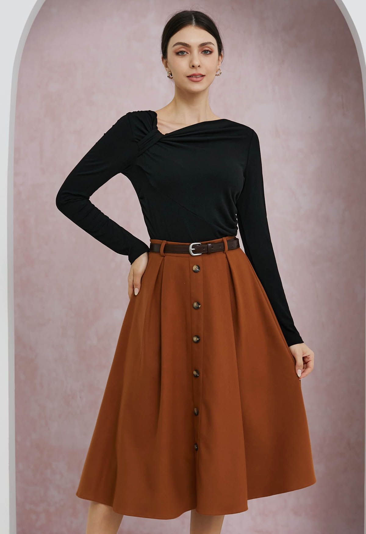 Vintage-Inspired Button Trim Pleated Midi Skirt in Pumpkin