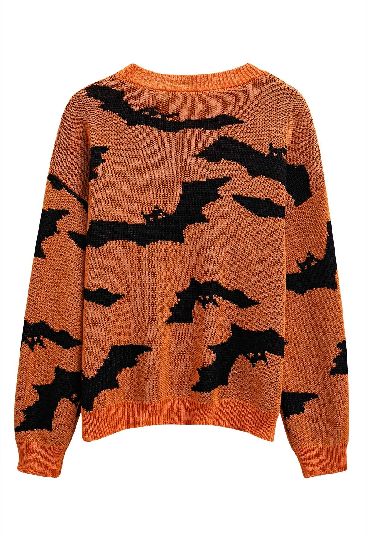 Spooky Bats Pattern Long-Sleeve Knit Sweater