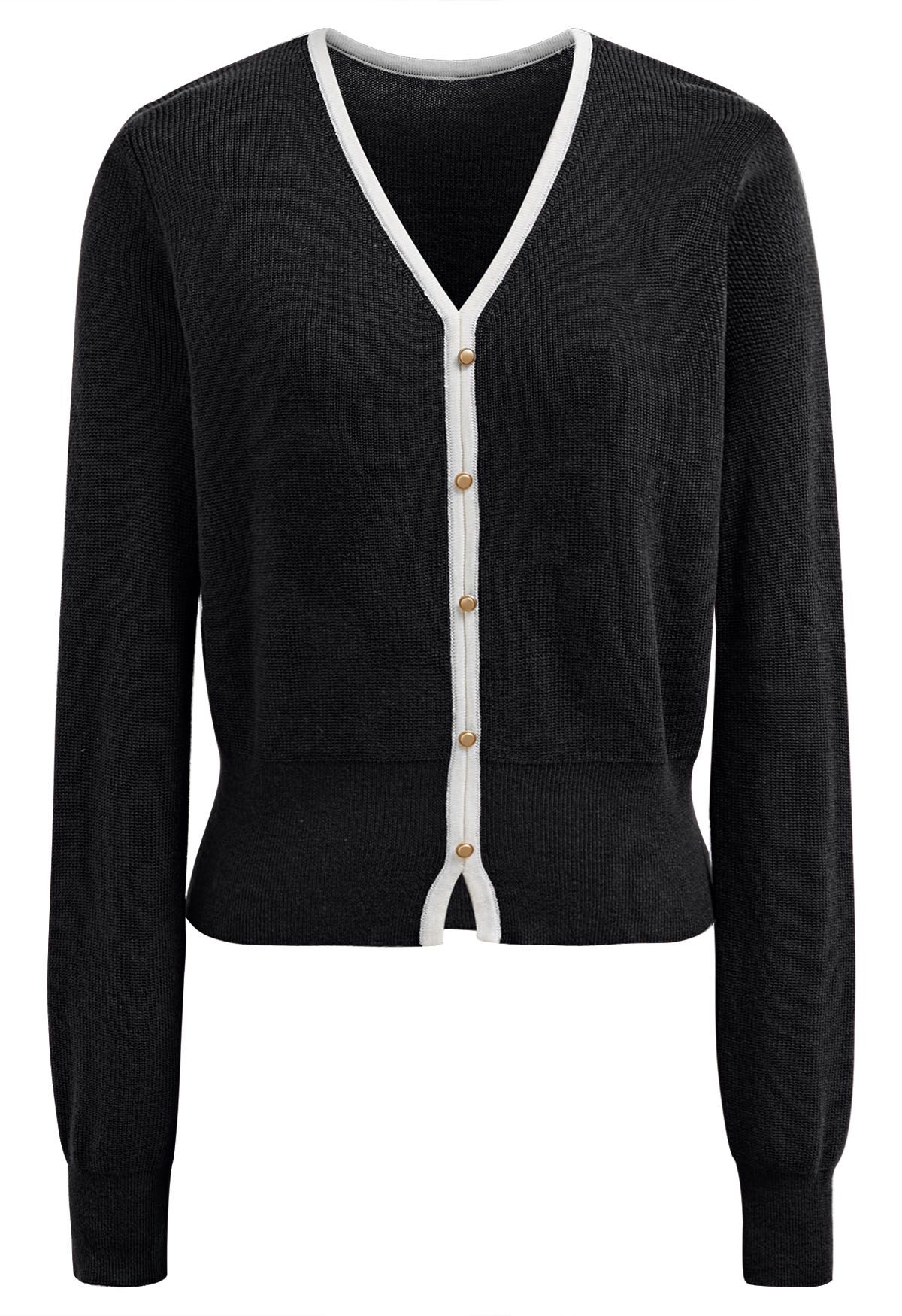 Button Trim Contrast Knit Cardigan in Black