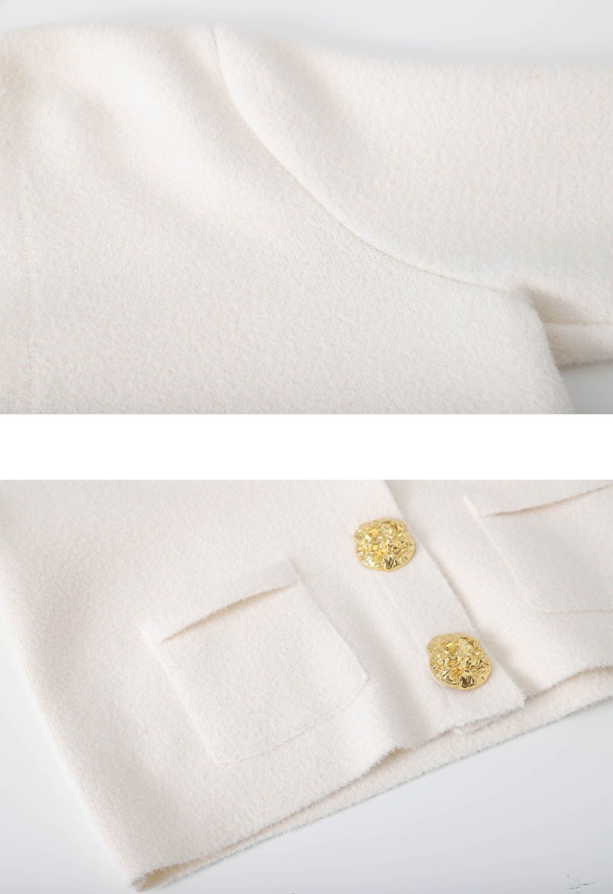 Eye-Catching Golden Stud Button Contrast Knit Cardigan in Ivory