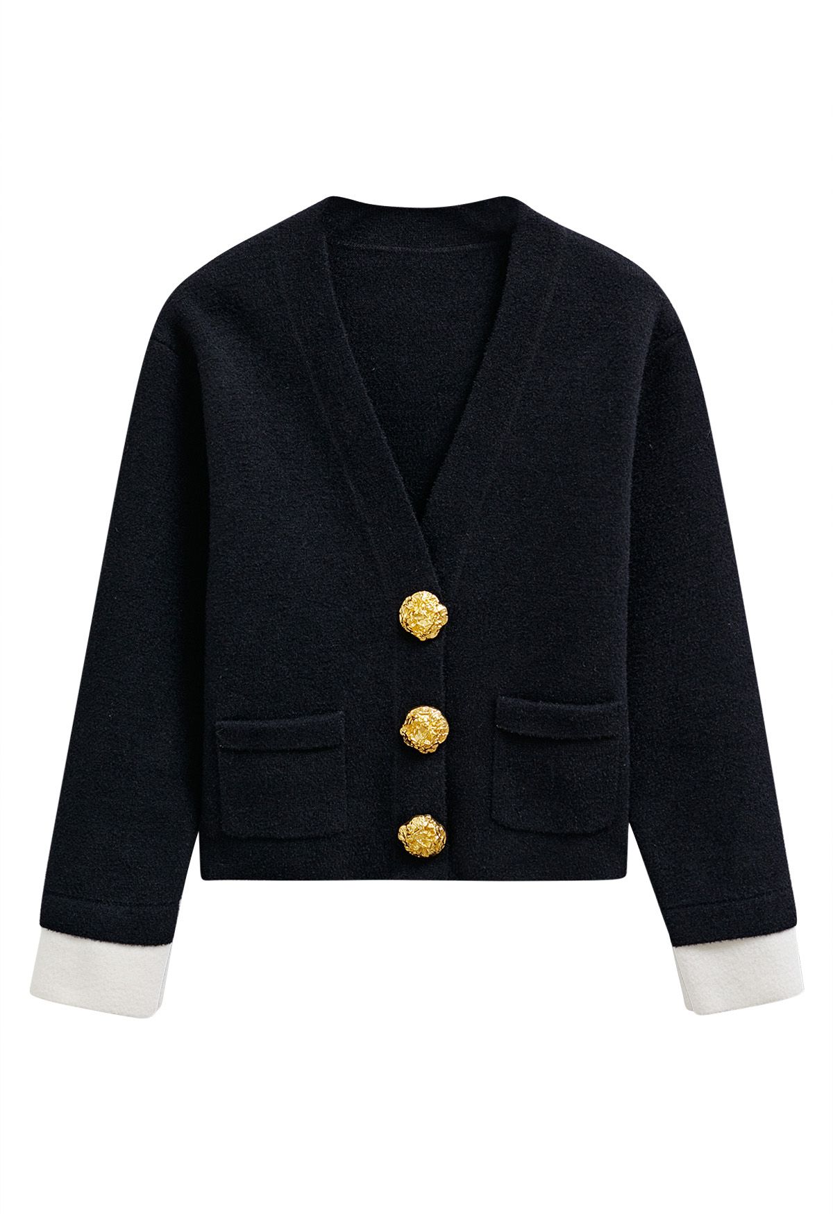 Eye-Catching Golden Stud Button Contrast Knit Cardigan in Black