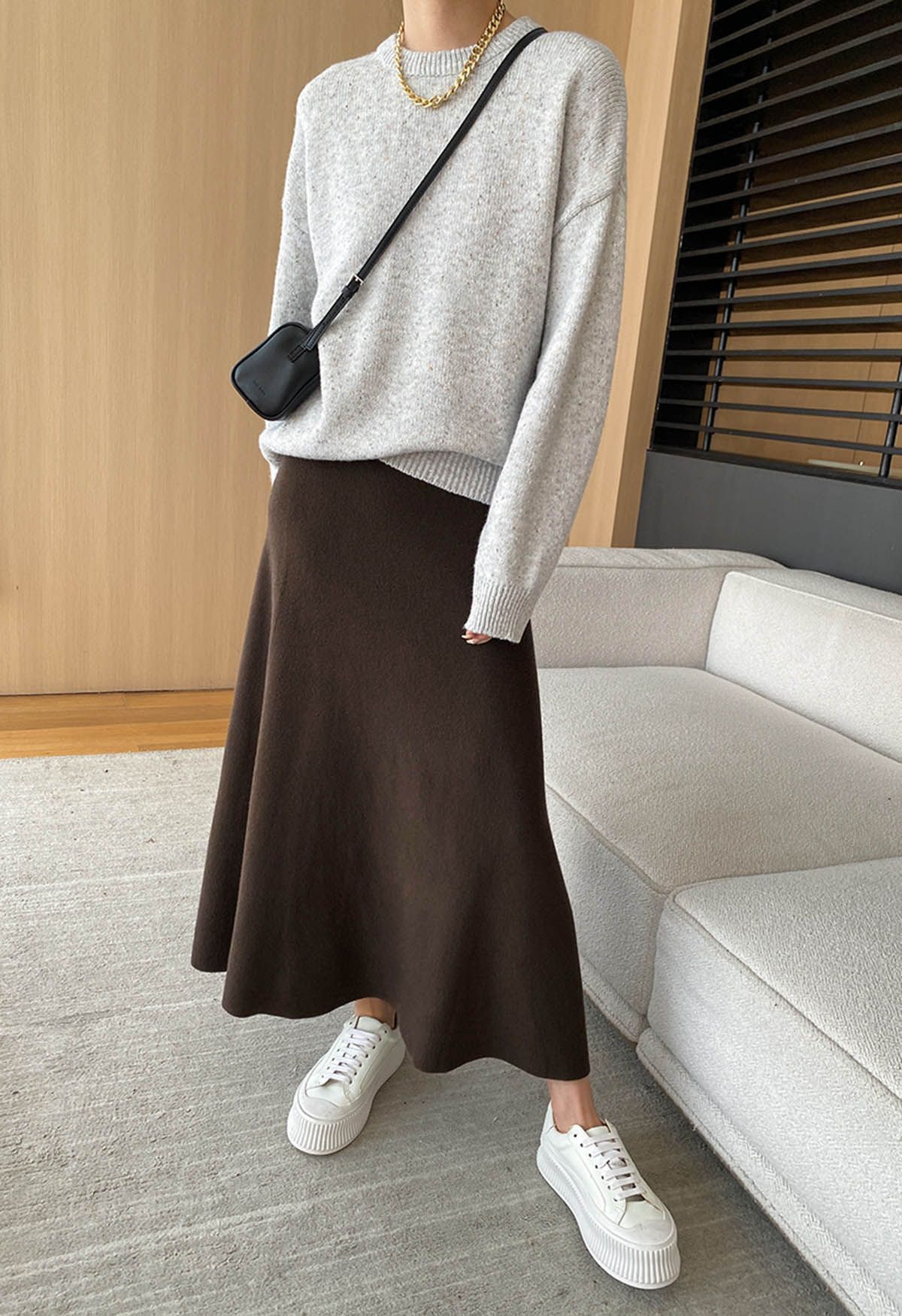 Solid Color A-Line Knit Midi Skirt in Brown