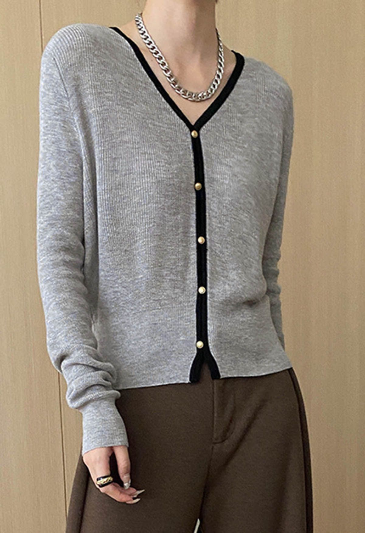 Button Trim Contrast Knit Cardigan in Grey