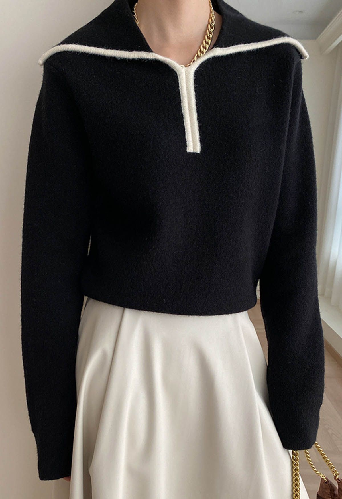 Contrast Detail Flap Collar Knit Sweater