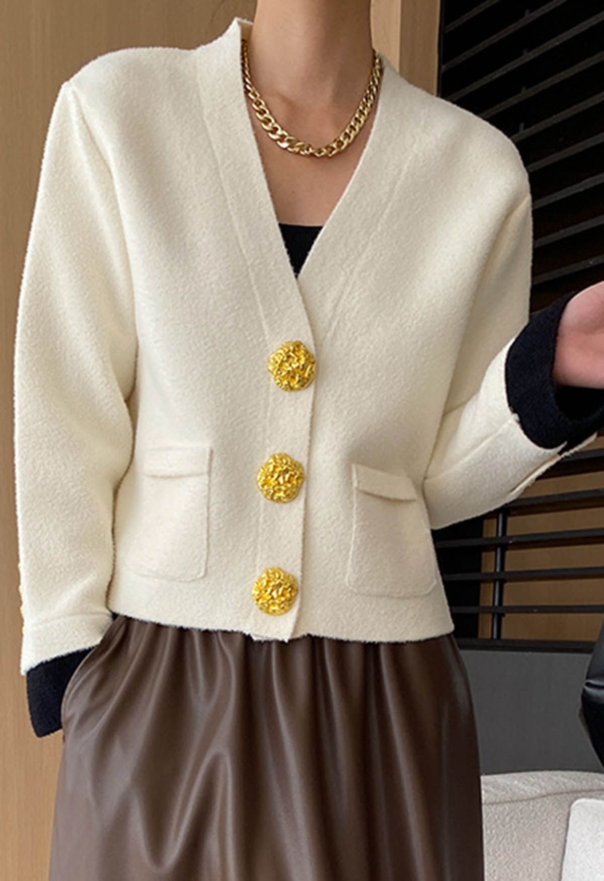 Eye-Catching Golden Stud Button Contrast Knit Cardigan in Ivory