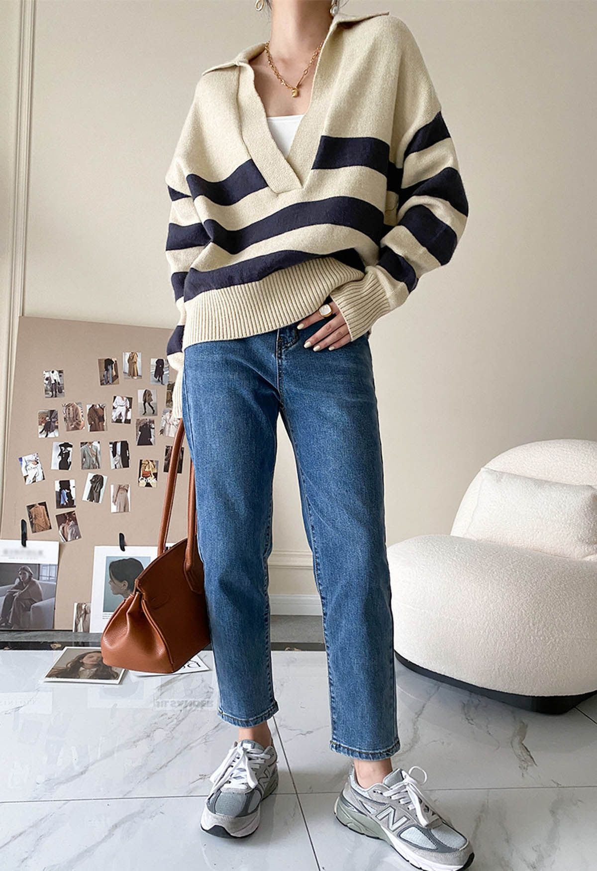 Casual Stripe V-Neck Knit Sweater