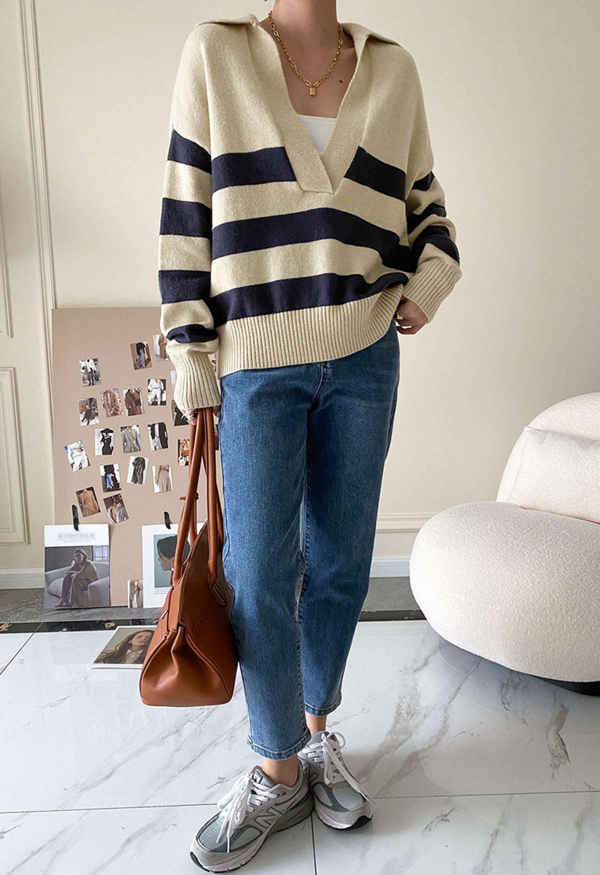 Casual Stripe V-Neck Knit Sweater