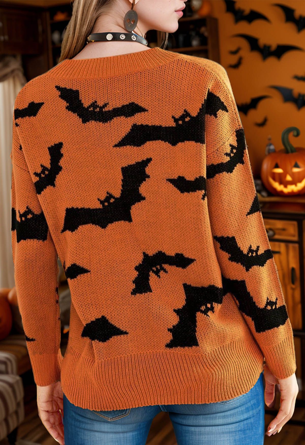 Spooky Bats Pattern Long-Sleeve Knit Sweater