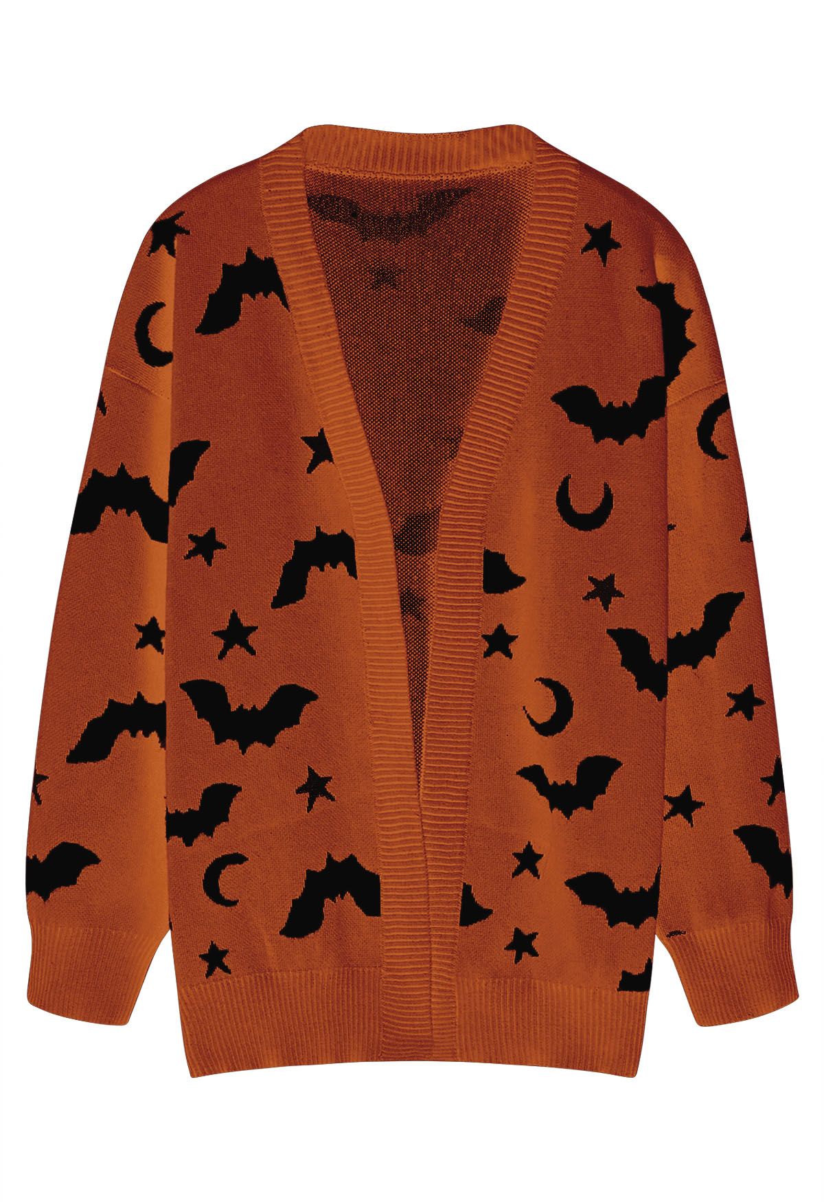 Moonlit Bats and Stars Open Front Knit Cardigan in Pumpkin