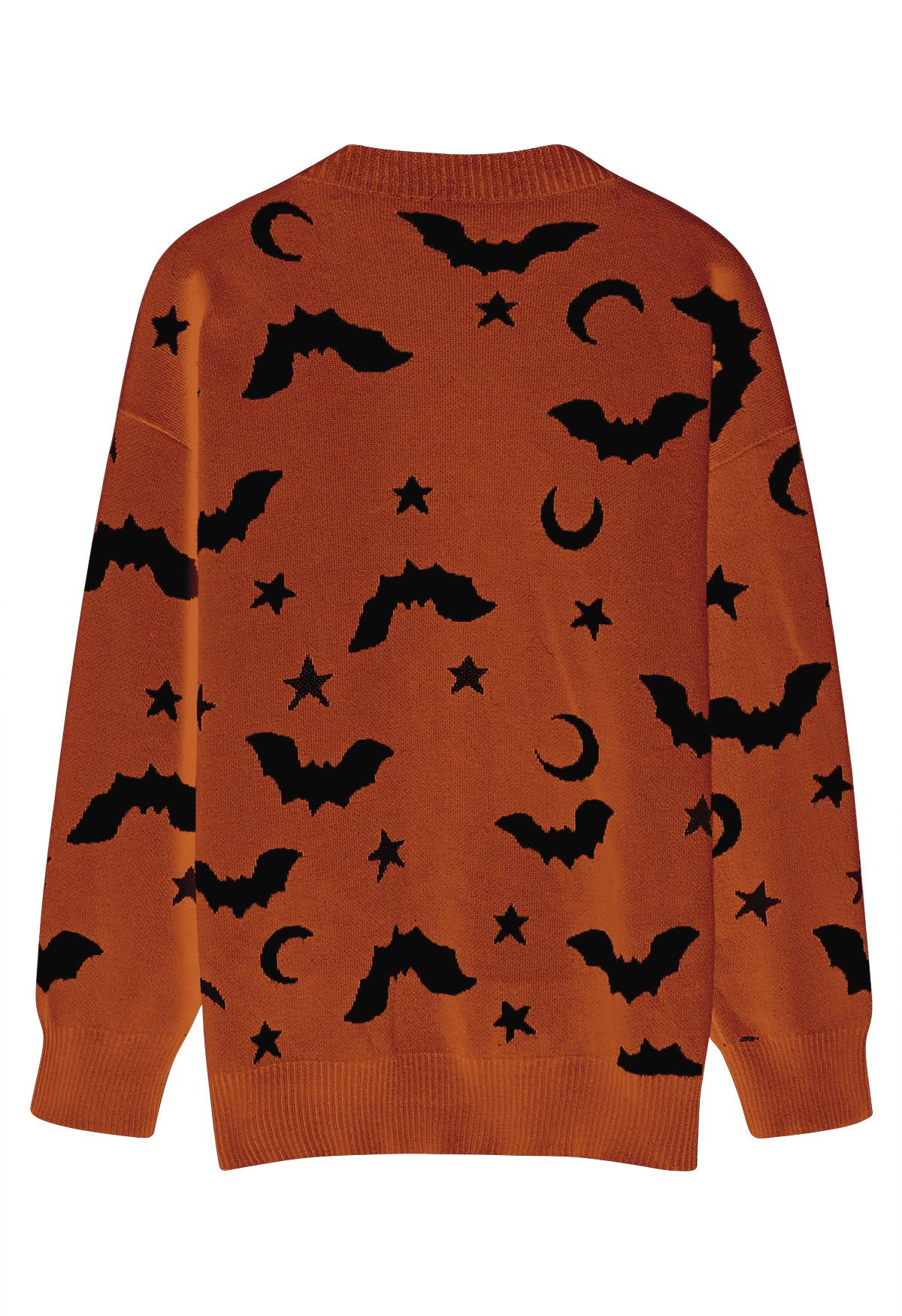 Moonlit Bats and Stars Open Front Knit Cardigan in Pumpkin