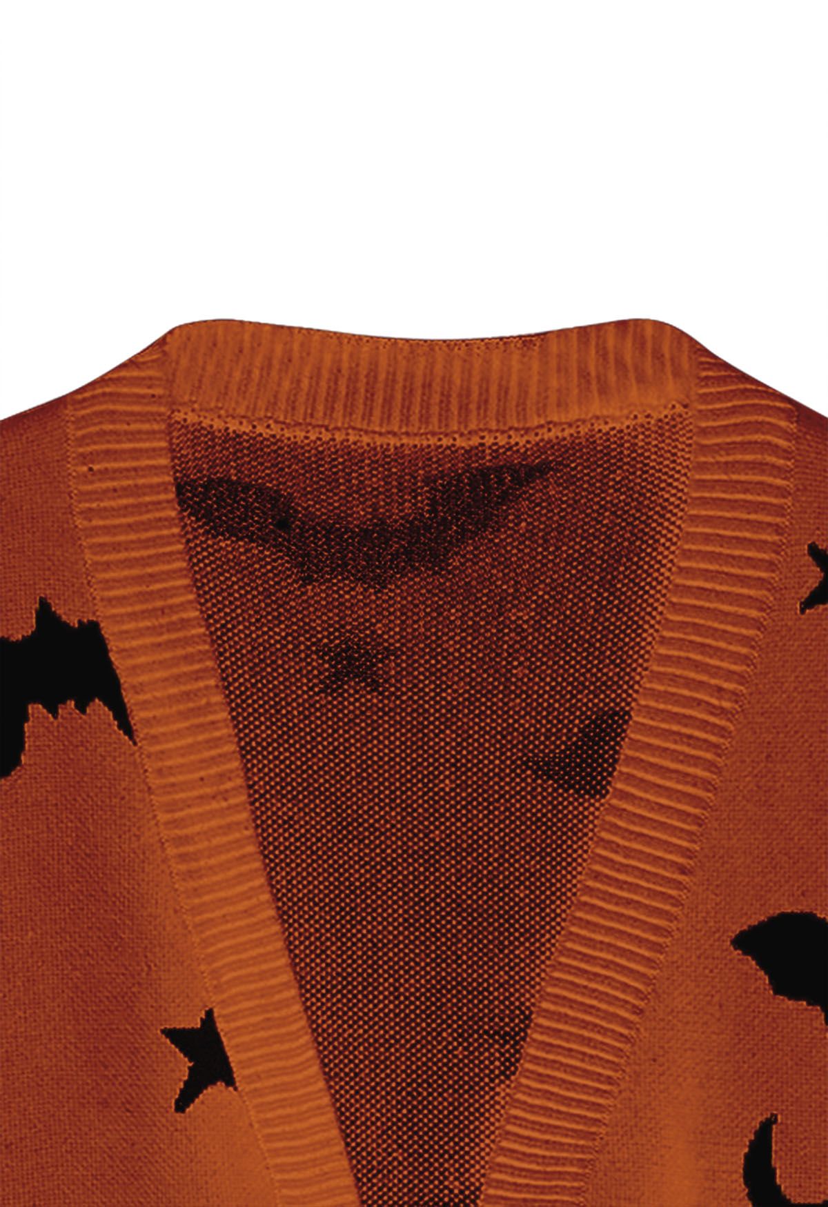 Moonlit Bats and Stars Open Front Knit Cardigan in Pumpkin