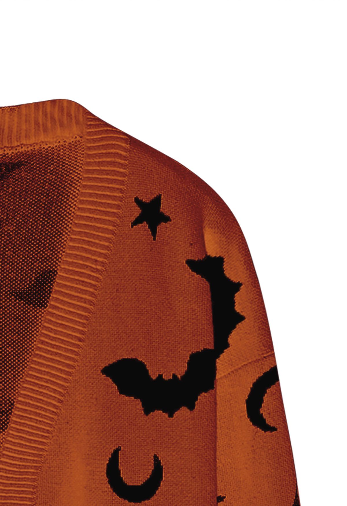 Moonlit Bats and Stars Open Front Knit Cardigan in Pumpkin