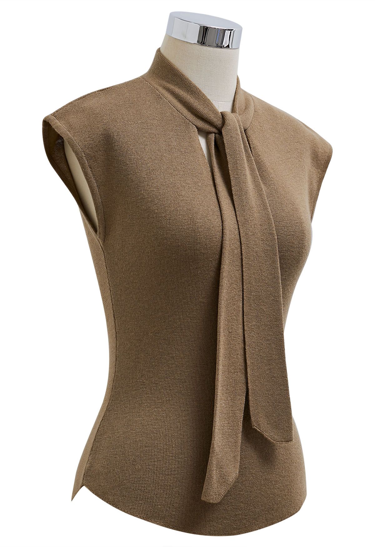 Ribbon-Tied Neckline Cap Sleeve Knit Top in Tan