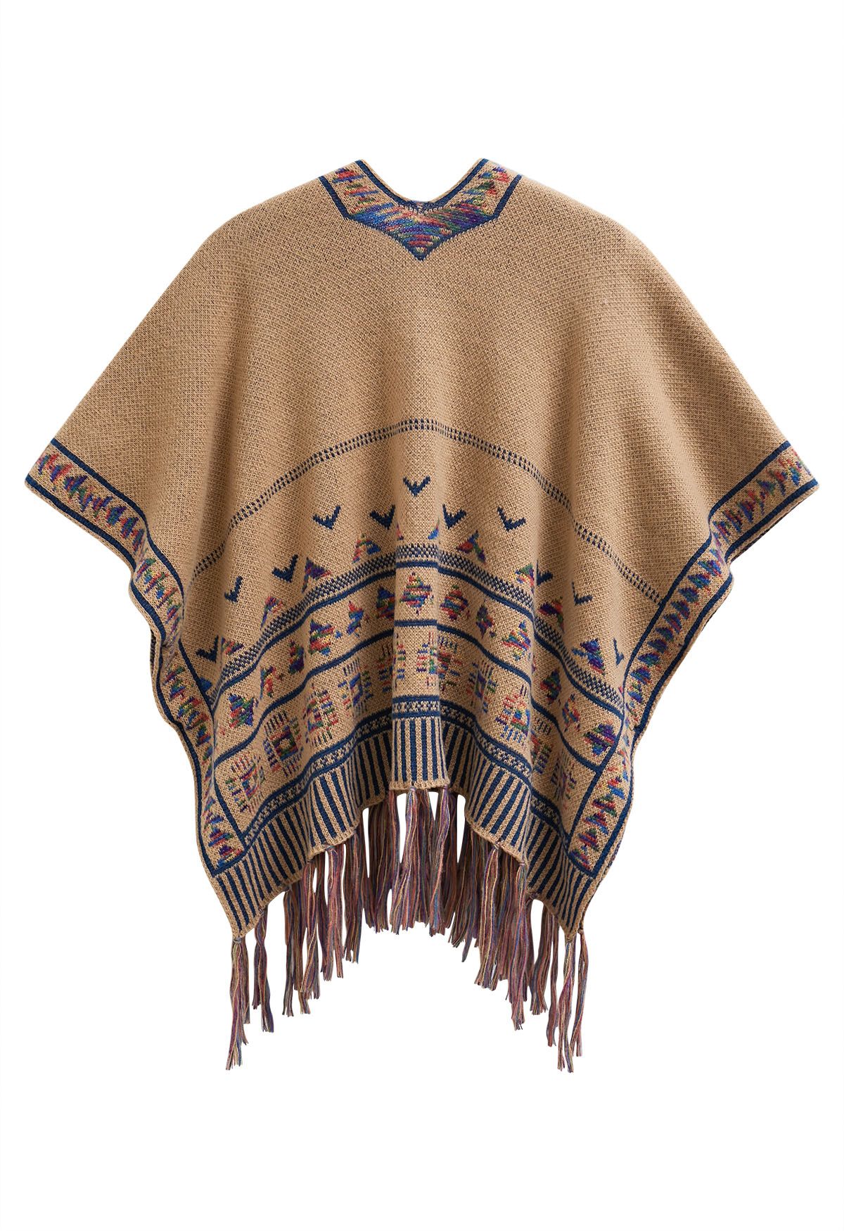 Boho Wanderer Fringed Knit Poncho in Camel