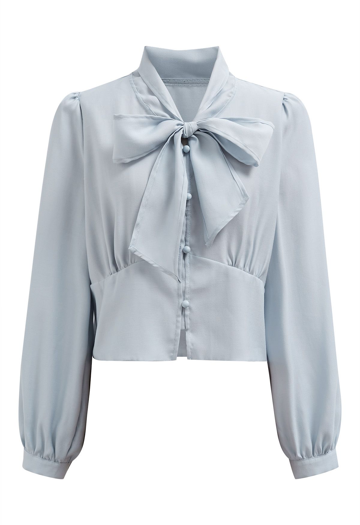 Bowknot Neck Buttoned Crop Shirt in Light Blue