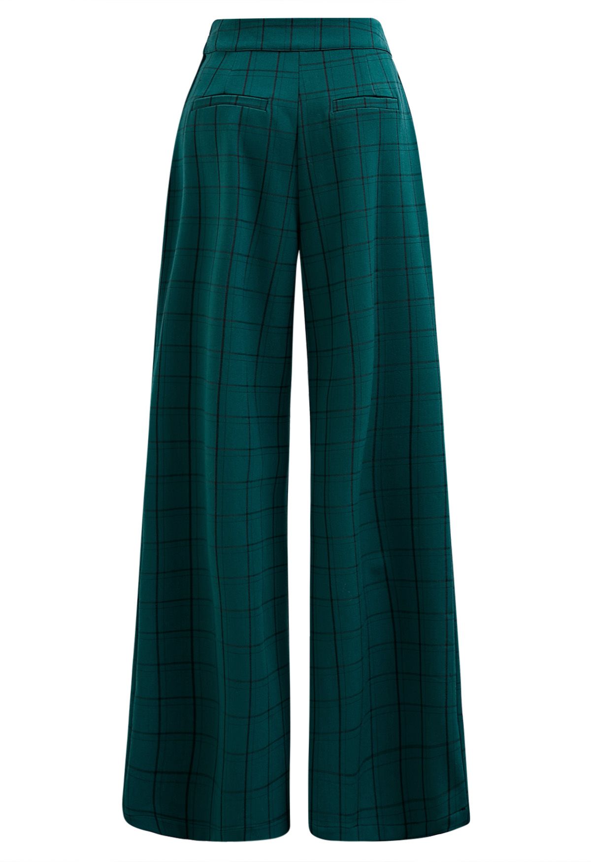 Grid Print Button Decor Straight-Leg Pants in Dark Green