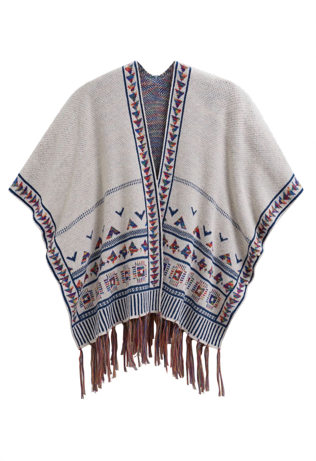 Boho Wanderer Fringed Knit Poncho in Ivory