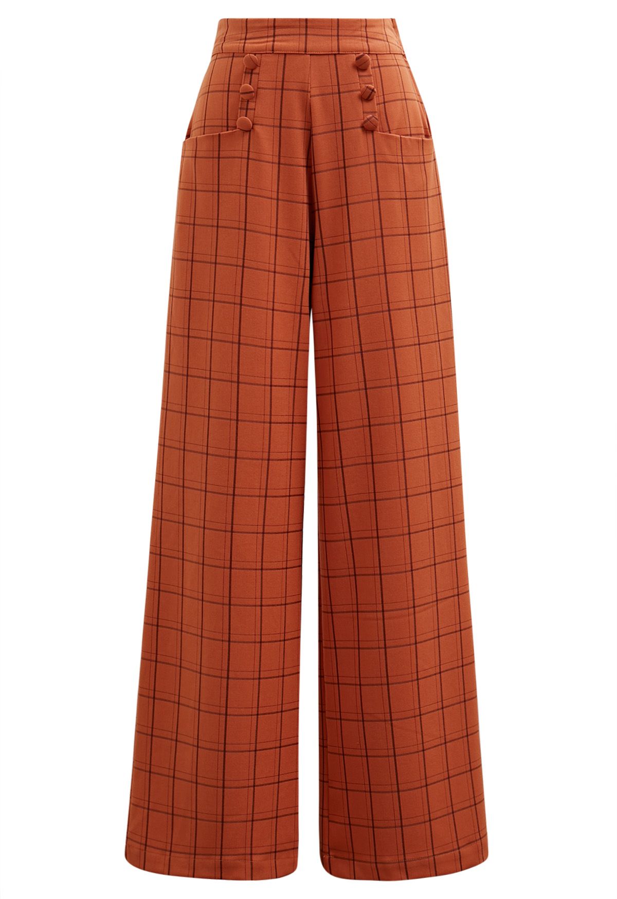 Grid Print Button Decor Straight-Leg Pants in Orange