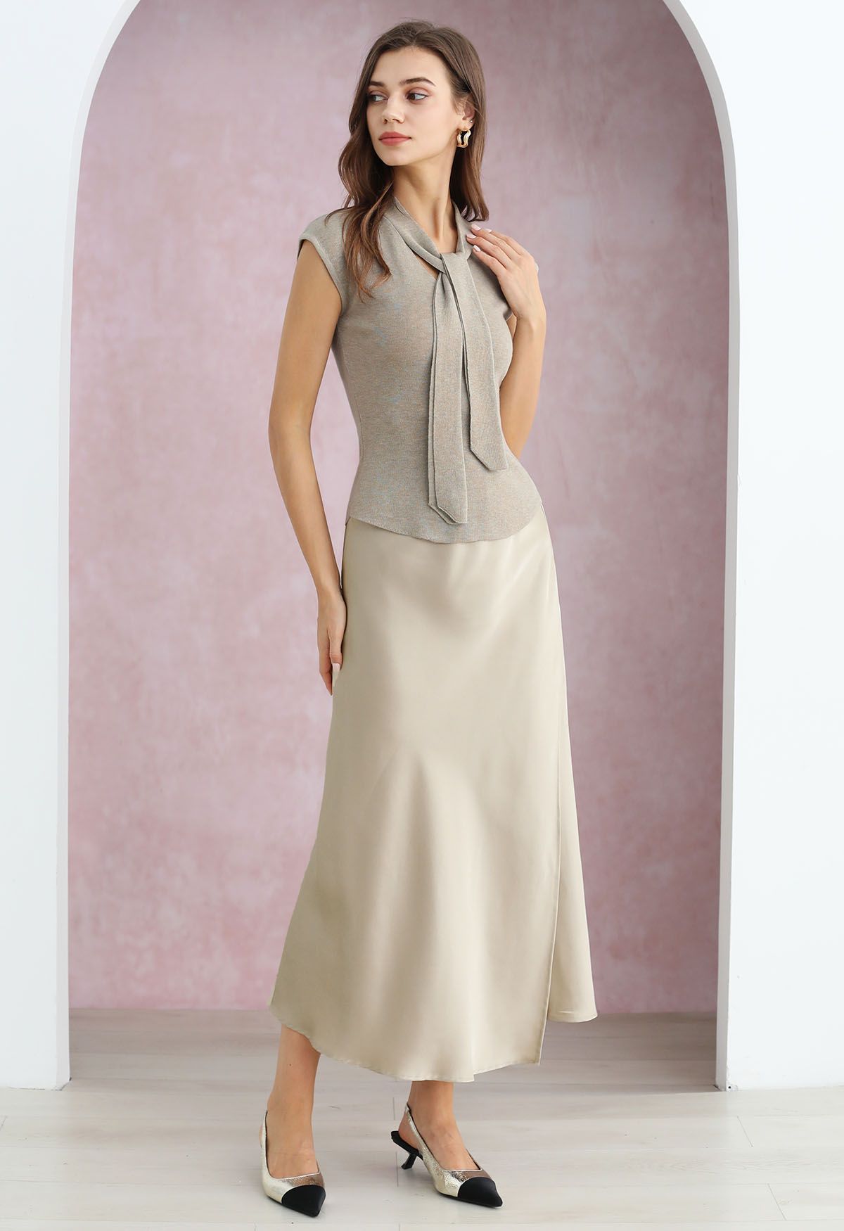 Satin Elegance Front Flap Maxi Skirt in Sand