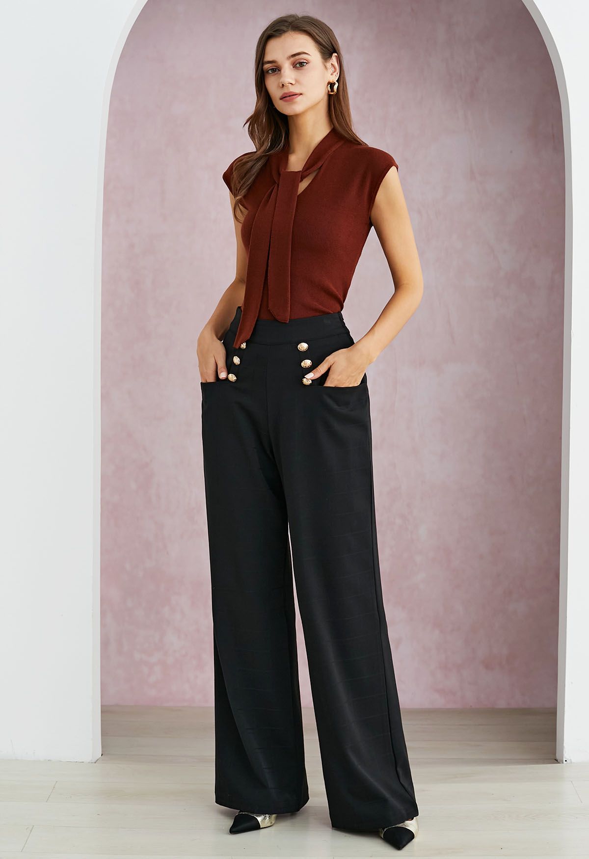 Ribbon-Tied Neckline Cap Sleeve Knit Top in Burgundy