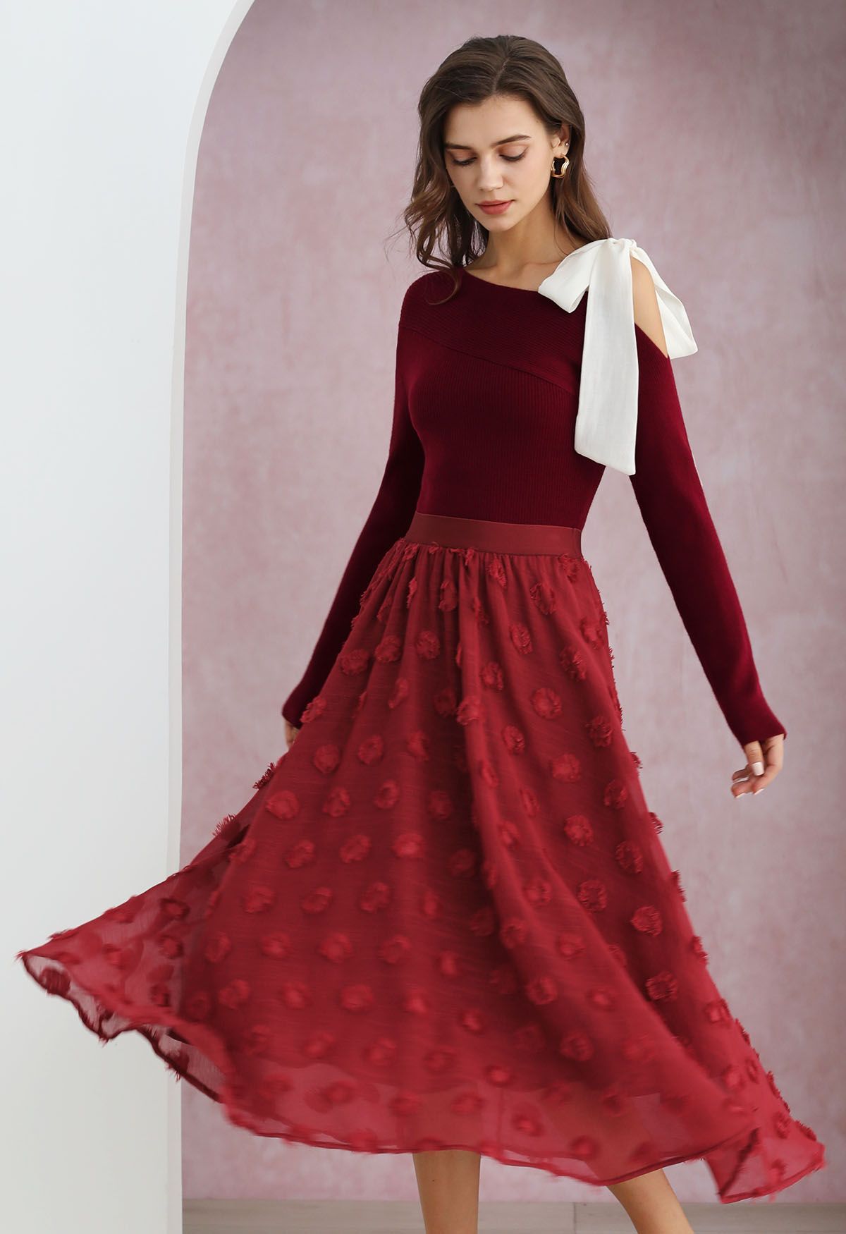 Tassel Spots Elastic Midi Skirt in Red