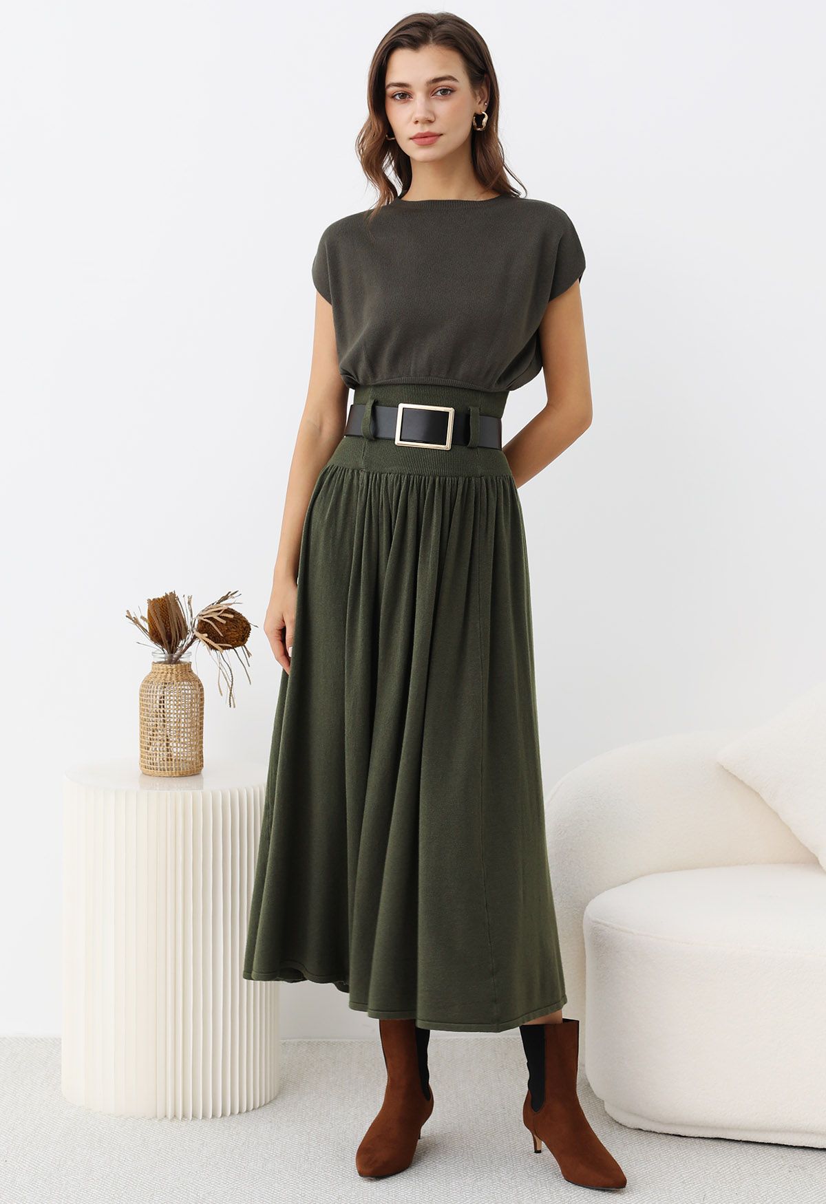 Gentle Knit Top and Belted High Waist Skirt Set in Army Green