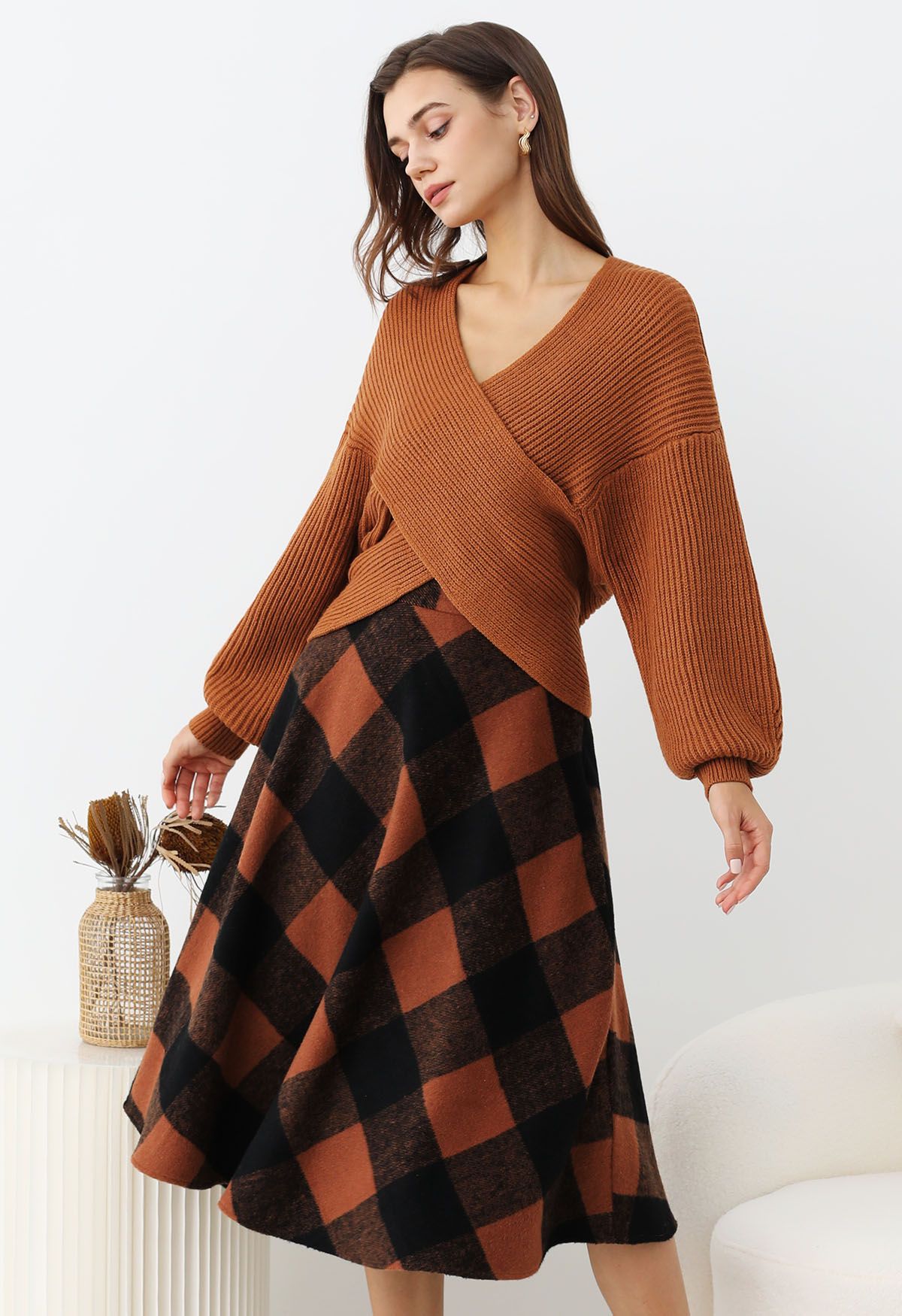 Rustic Fall Charm Check Flare Skirt