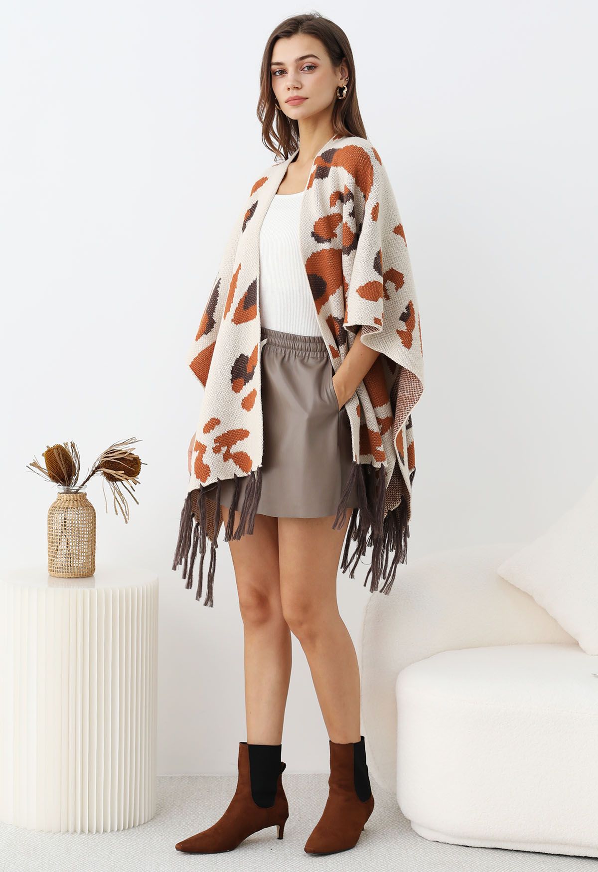 Autumn Hues Abstract Fringed Poncho