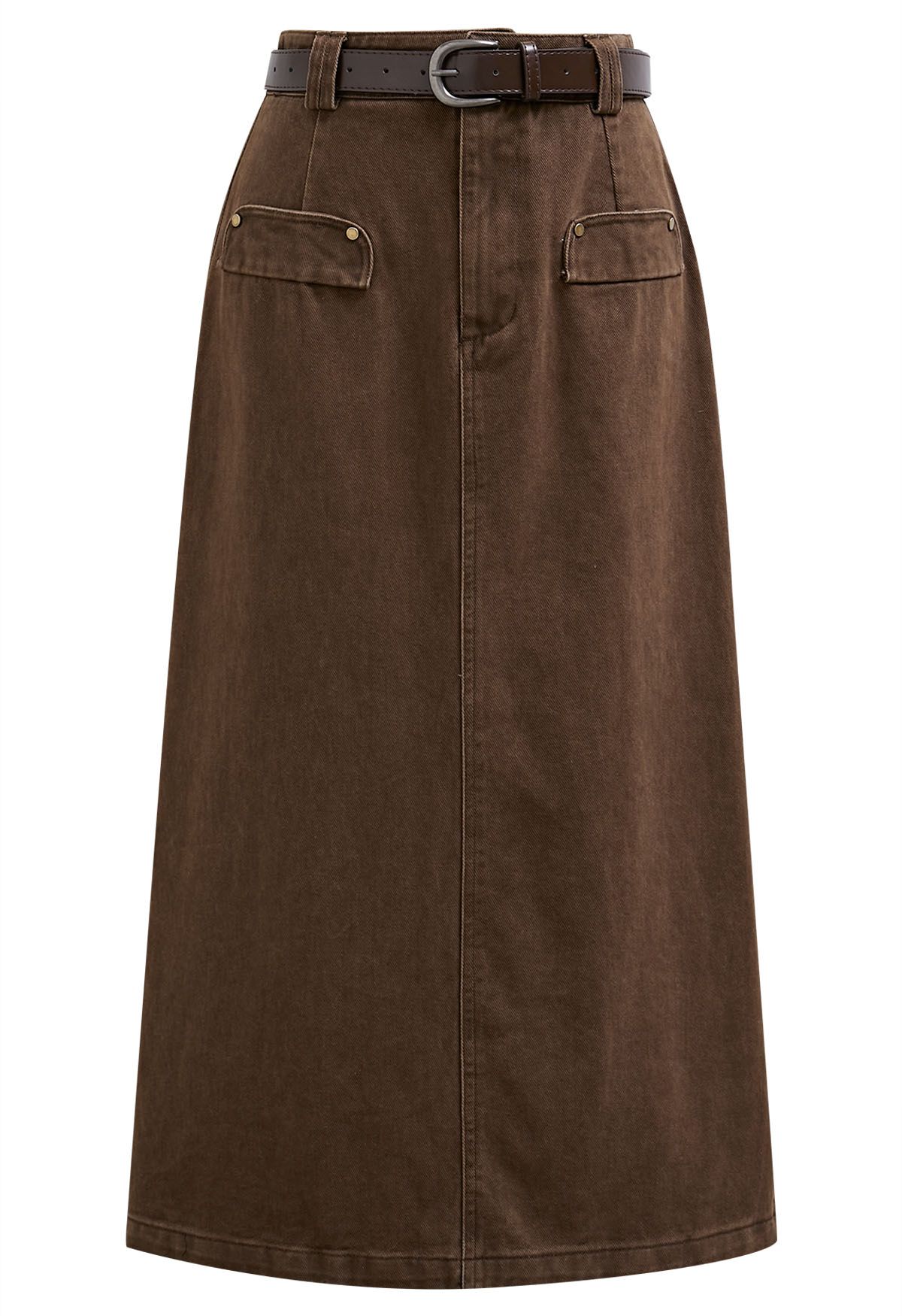 Utility Chic Belted Pocket Trim Denim Skirt in Brown