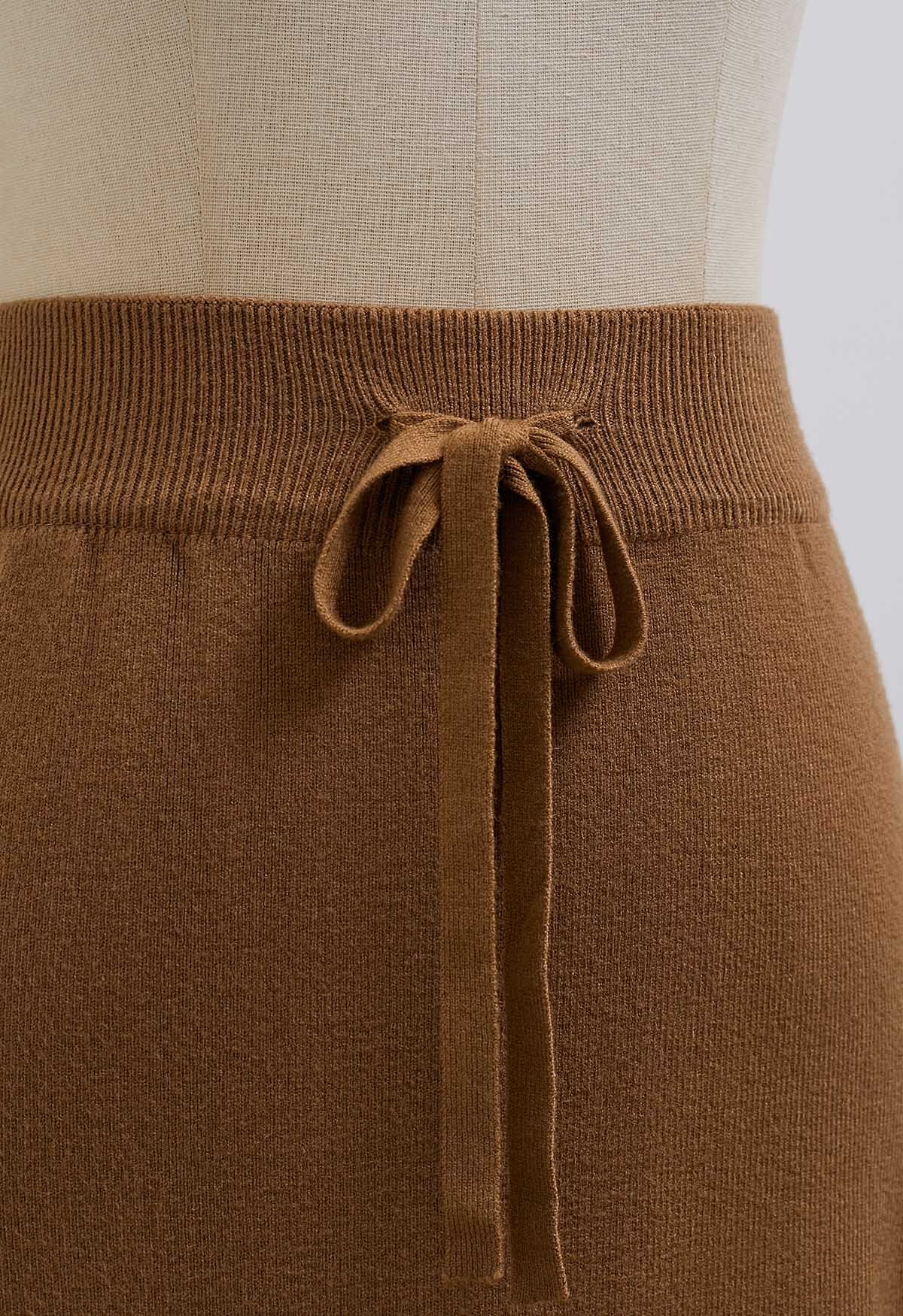 Fake Pocket Stylish Tie-Waist Knit Skirt in Caramel