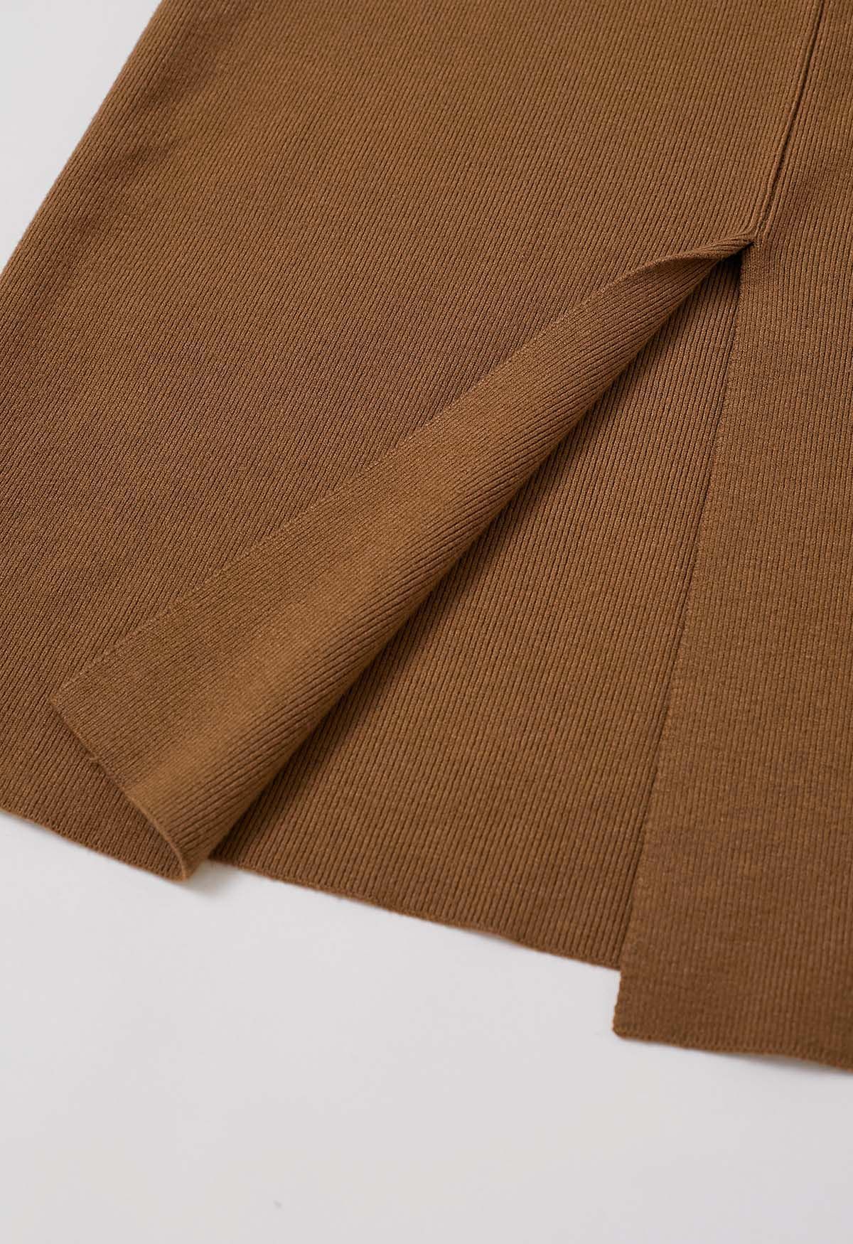 Fake Pocket Stylish Tie-Waist Knit Skirt in Caramel