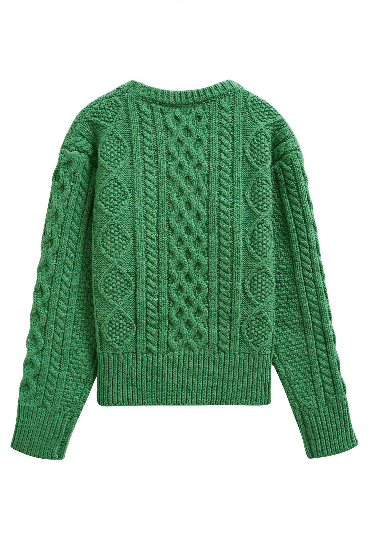 Hug-Me Cable Knit Crewneck Sweater in Green