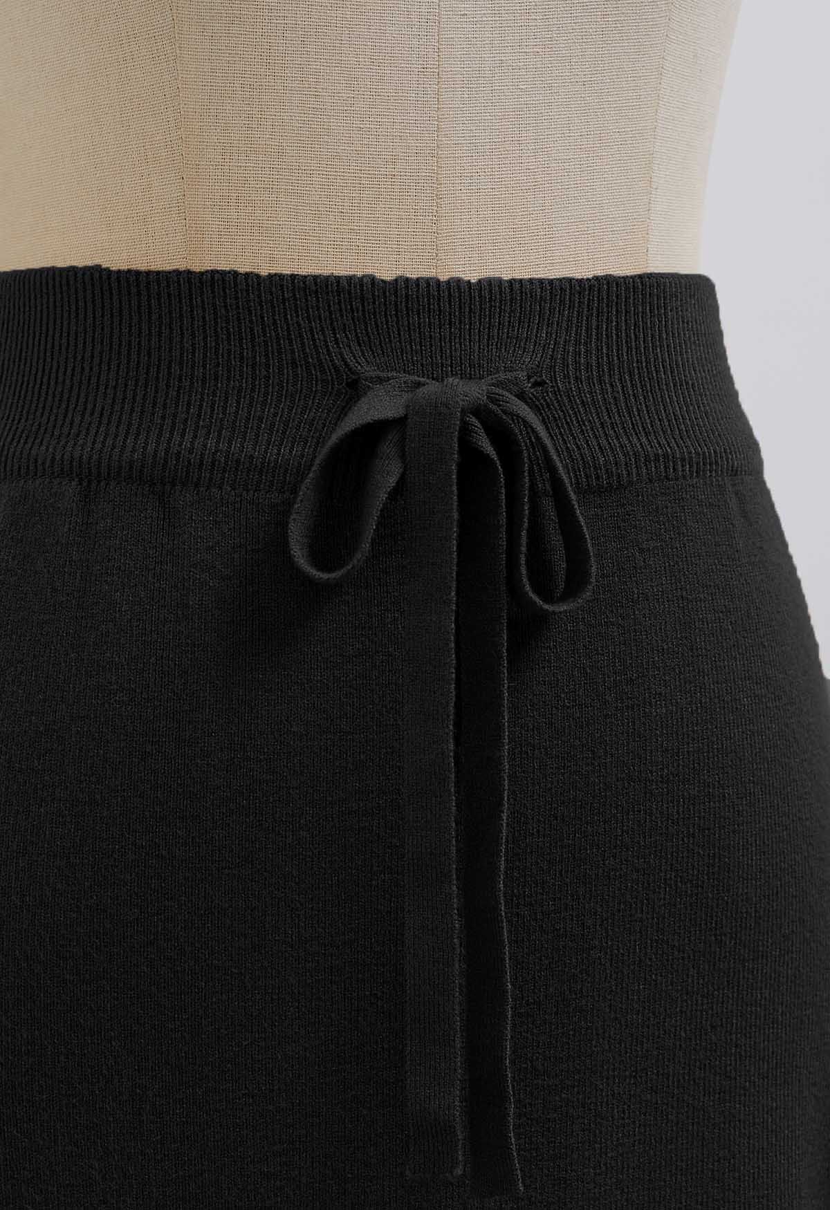 Fake Pocket Stylish Tie-Waist Knit Skirt in Black