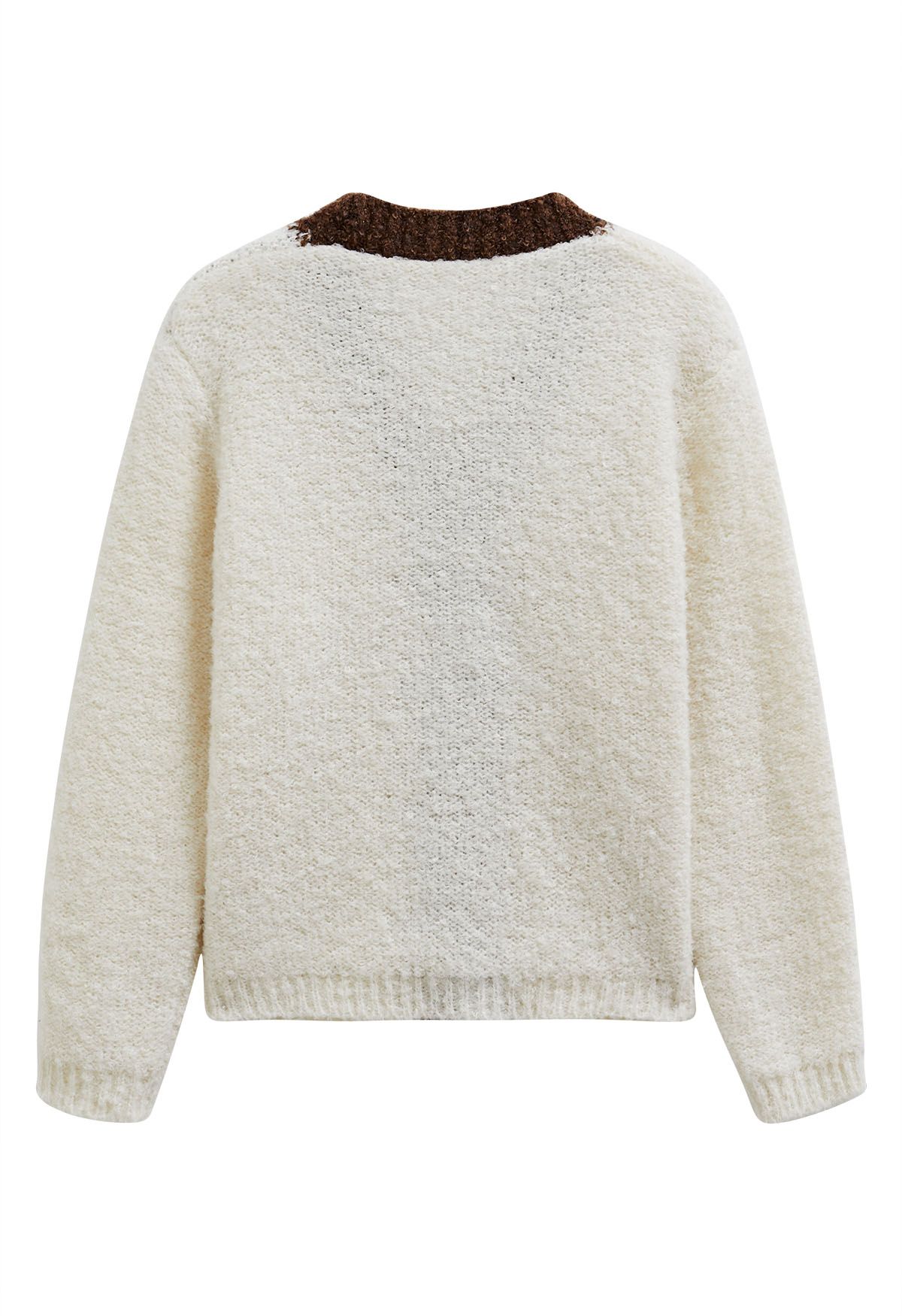 Contrast Trim Buttoned Fuzzy Knit Cardigan in Ivory