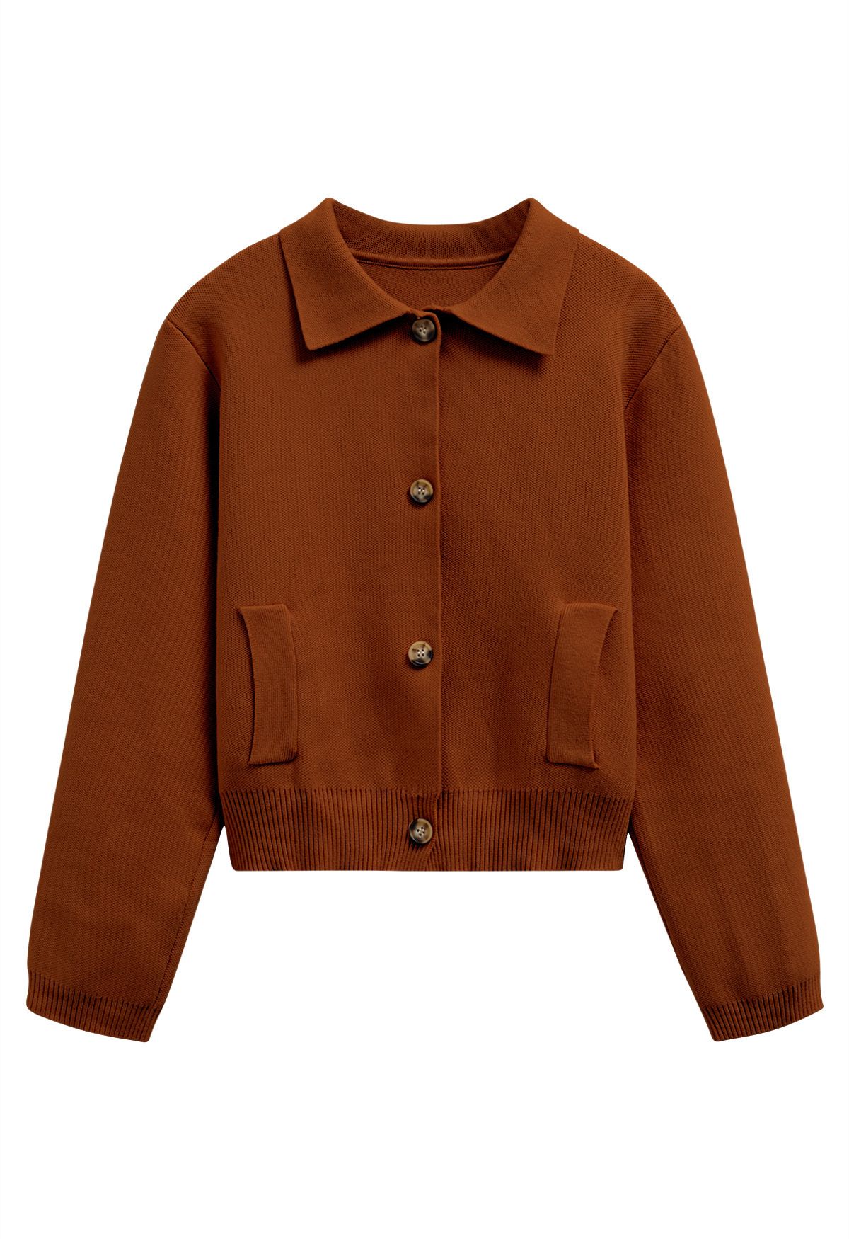 Classic Collar Button Down Knit Jacket in Caramel