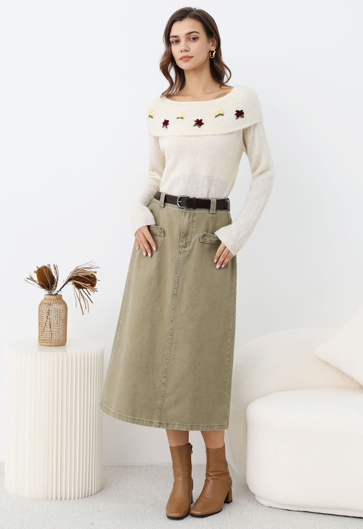 Utility Chic Belted Pocket Trim Denim Skirt in Sand