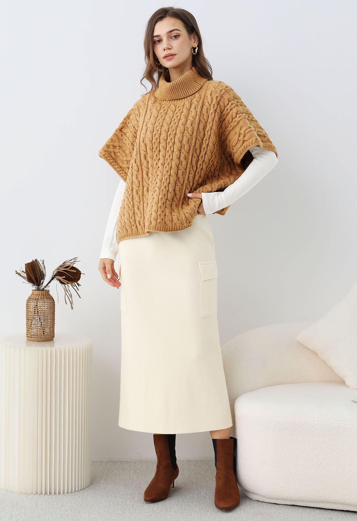 Fake Pocket Stylish Tie-Waist Knit Skirt in Cream