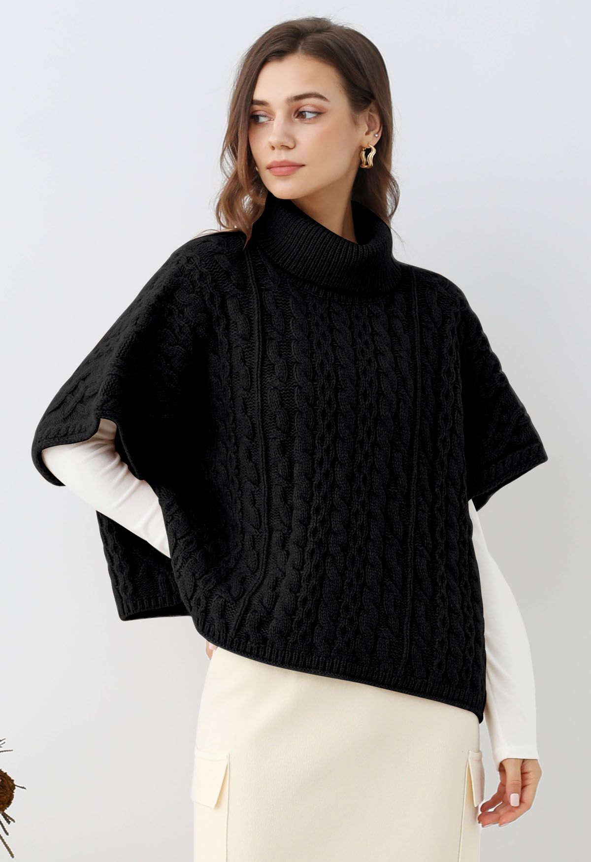 Warmth Turtleneck Cable Knit Cape Sweater in Black