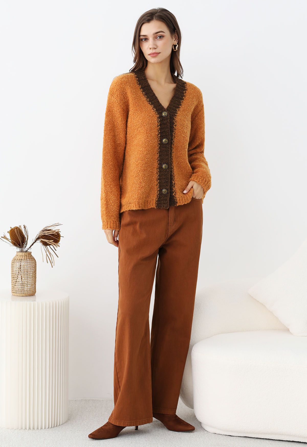 Contrast Trim Buttoned Fuzzy Knit Cardigan in Orange