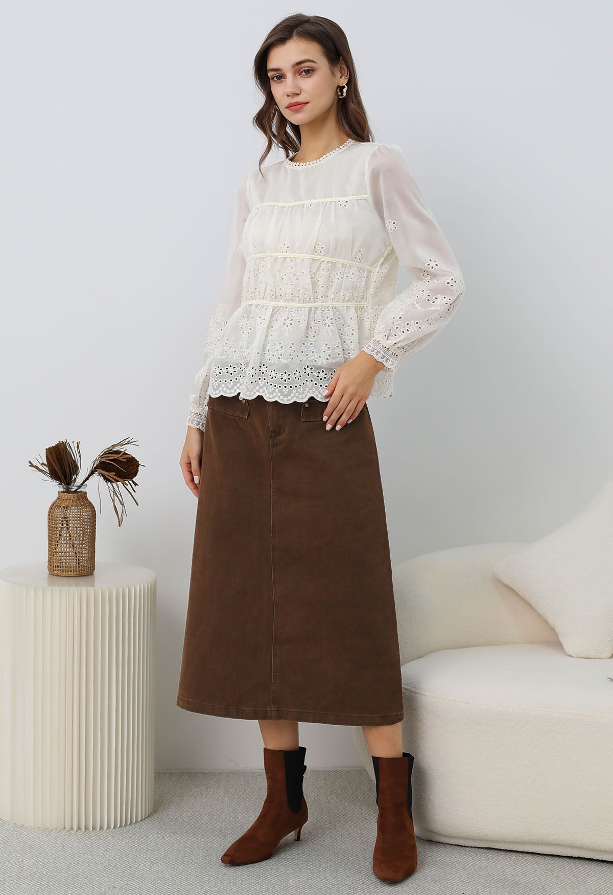 Utility Chic Belted Pocket Trim Denim Skirt in Brown