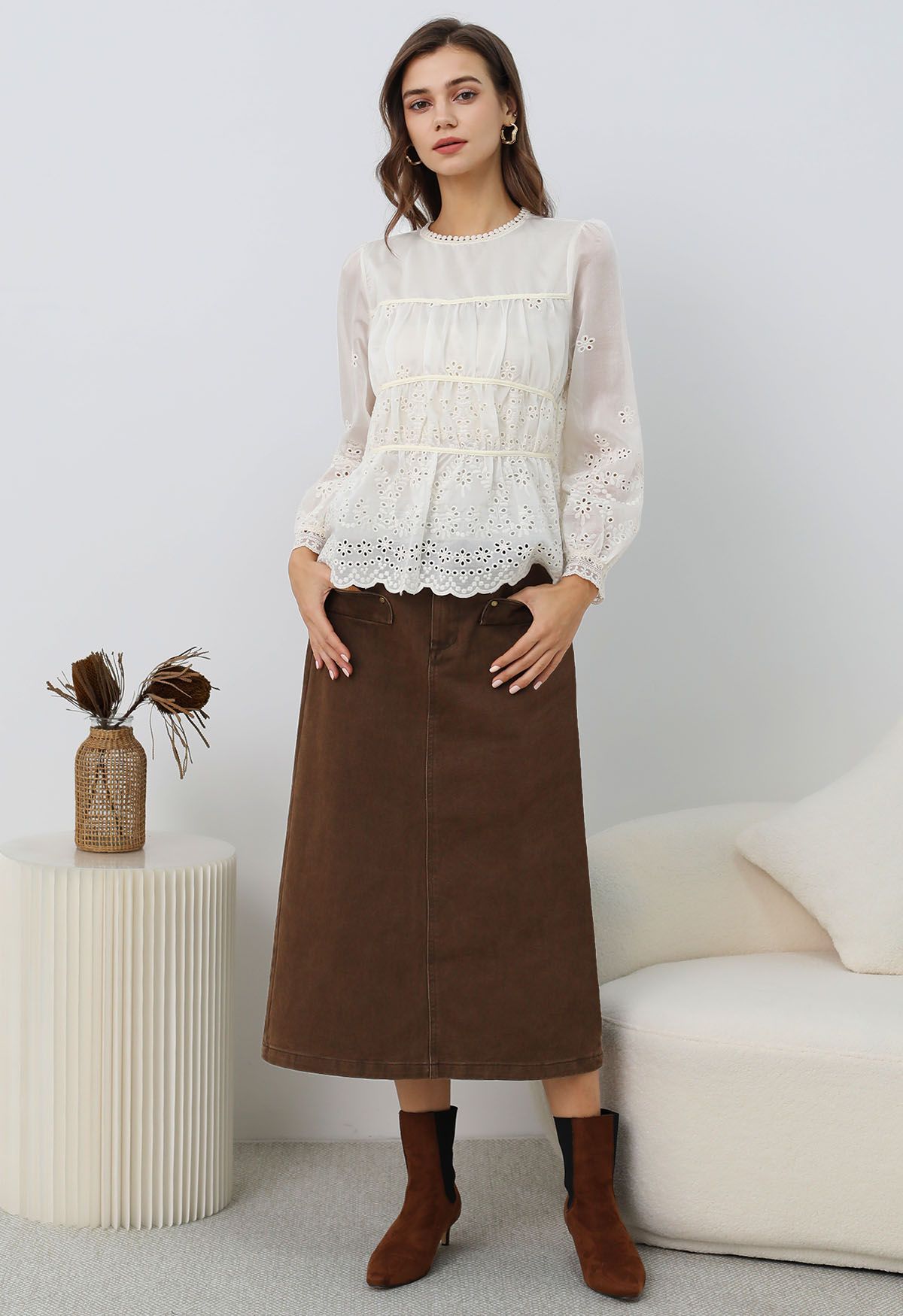 Utility Chic Belted Pocket Trim Denim Skirt in Brown