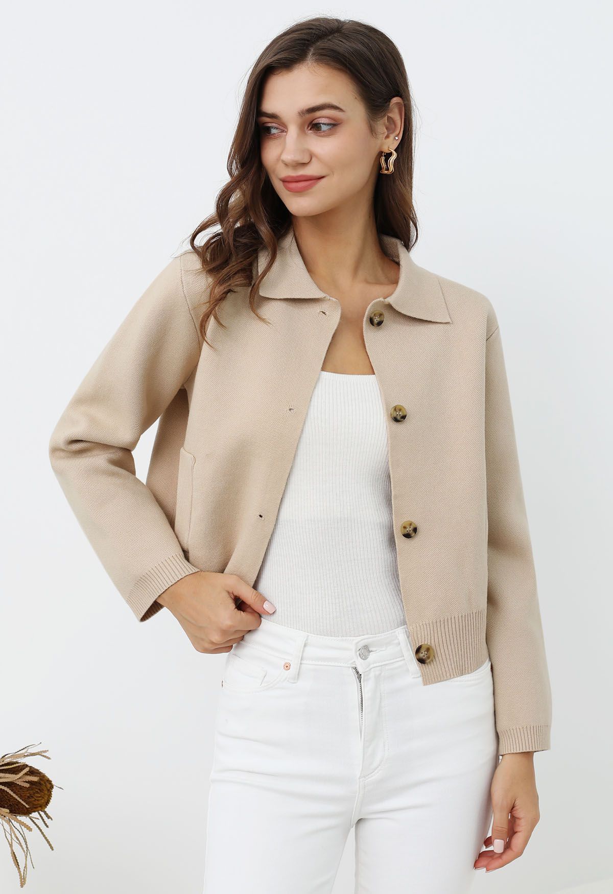 Classic Collar Button Down Knit Jacket in Light Tan