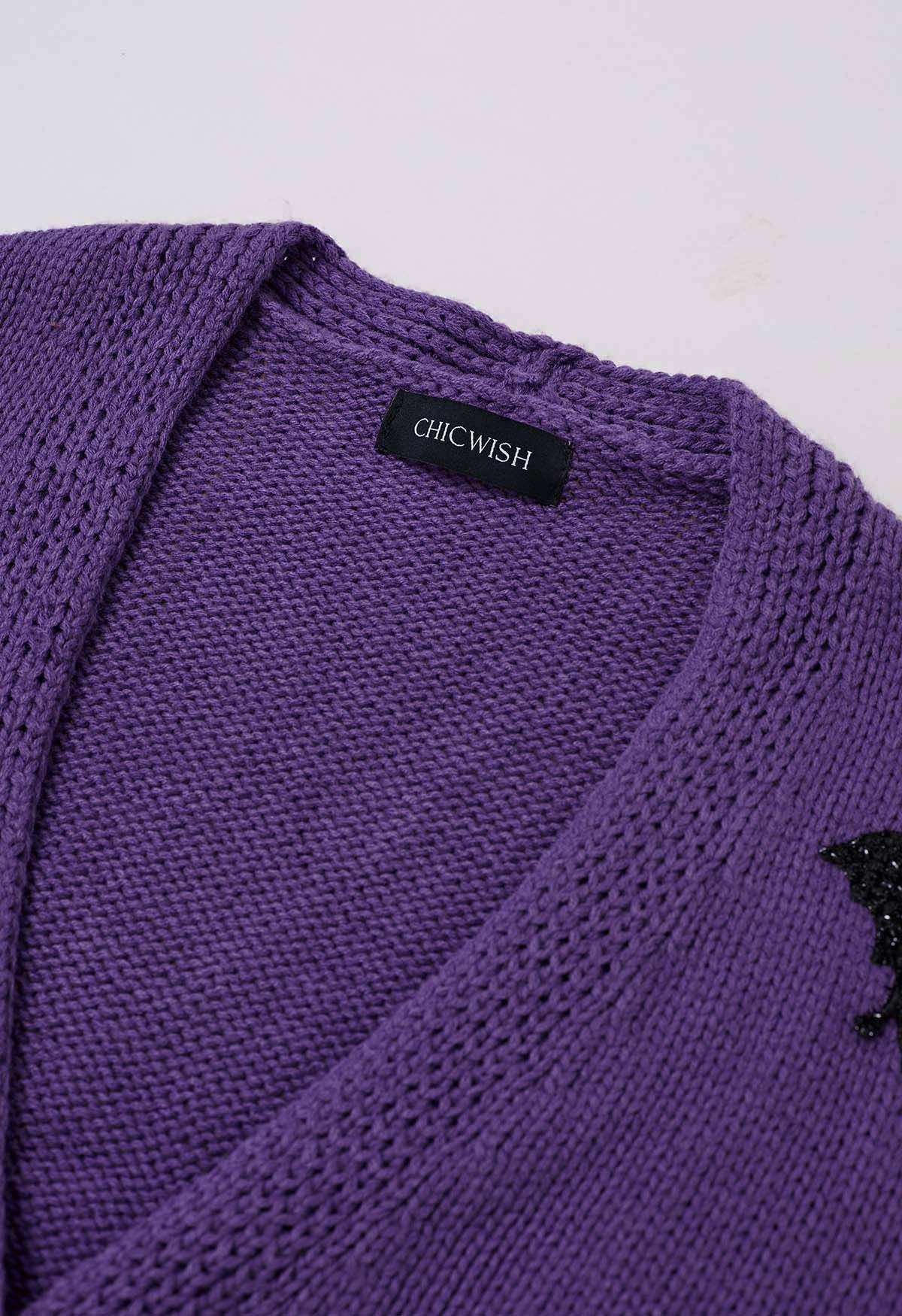 Mystic Bats Patch Buttoned Knit Cardigan in Purple