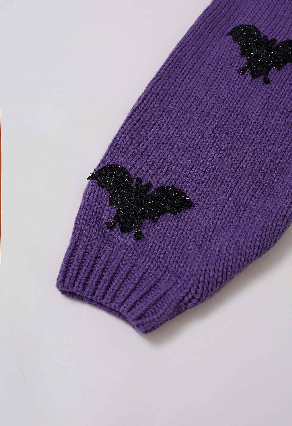 Mystic Bats Patch Buttoned Knit Cardigan in Purple