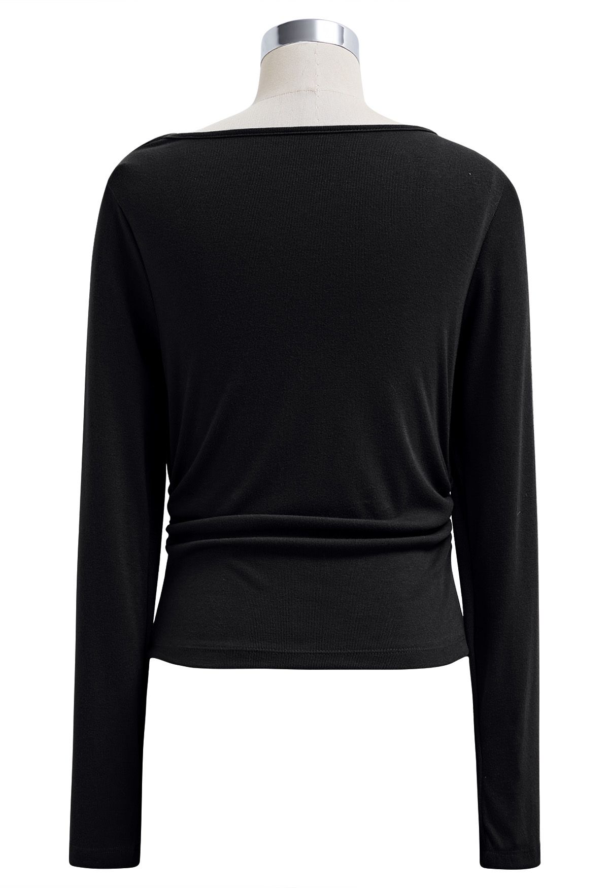 Asymmetrical Neckline Ruched Detail Top in Black