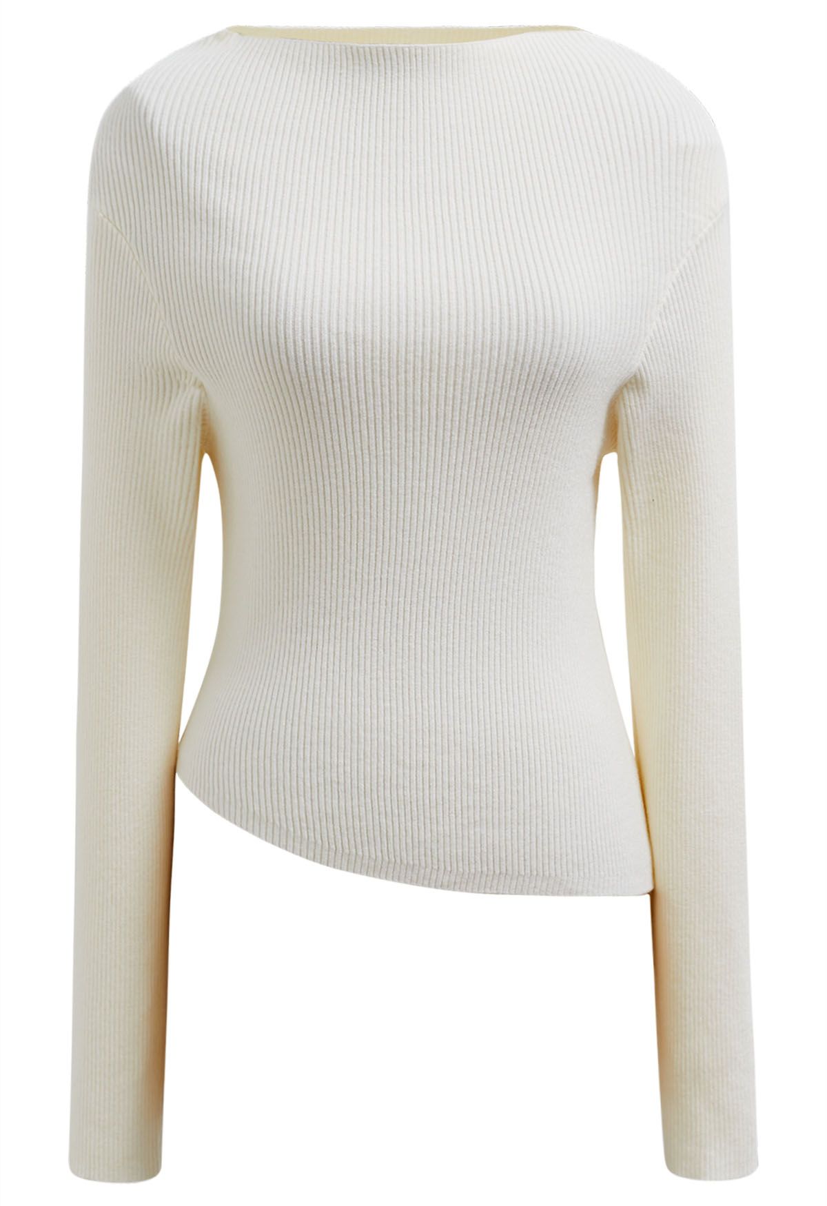 Slanted Hem Ribbed Knit Top in White