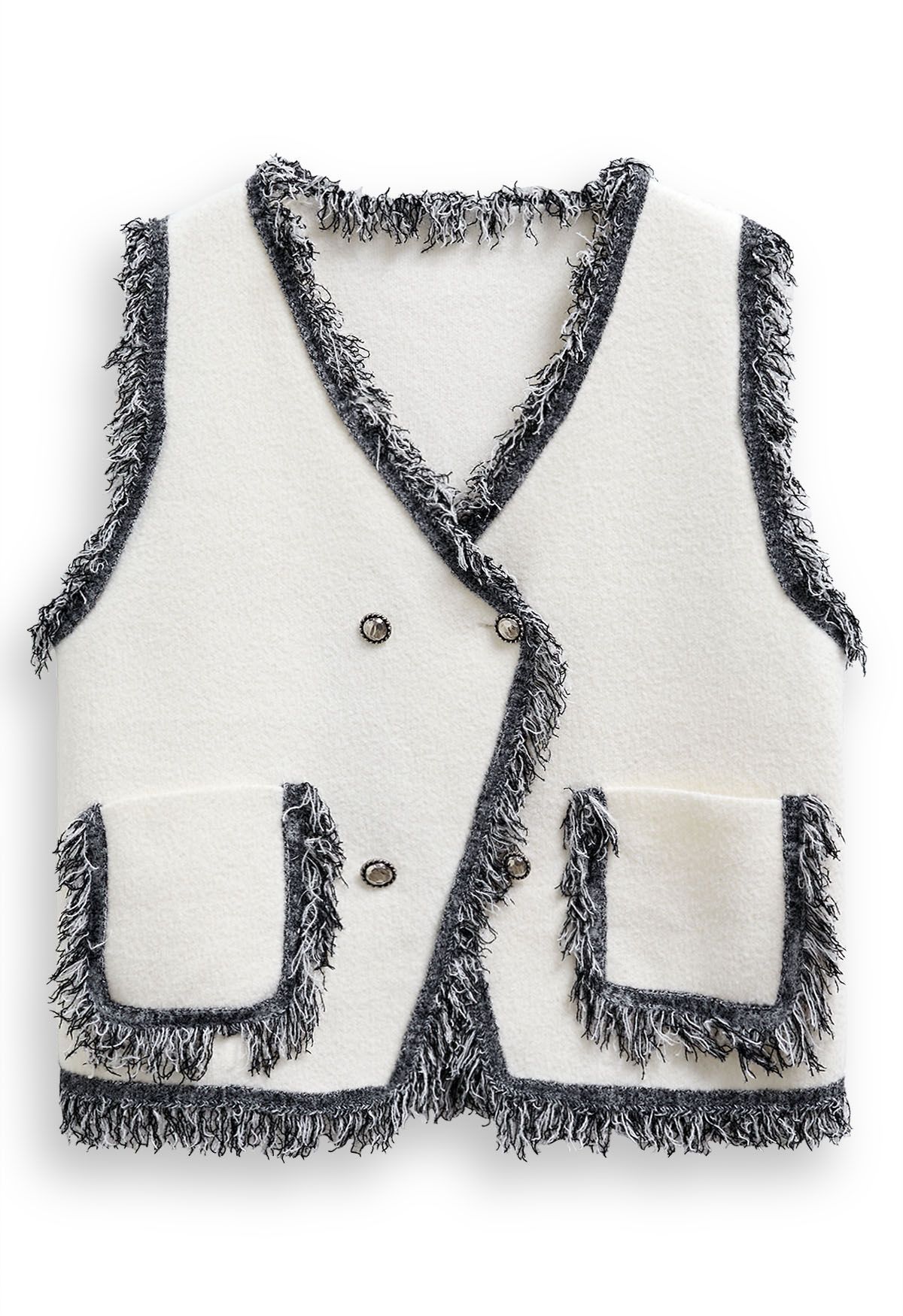 Fringe Edge Double-Breasted Knit Vest in White