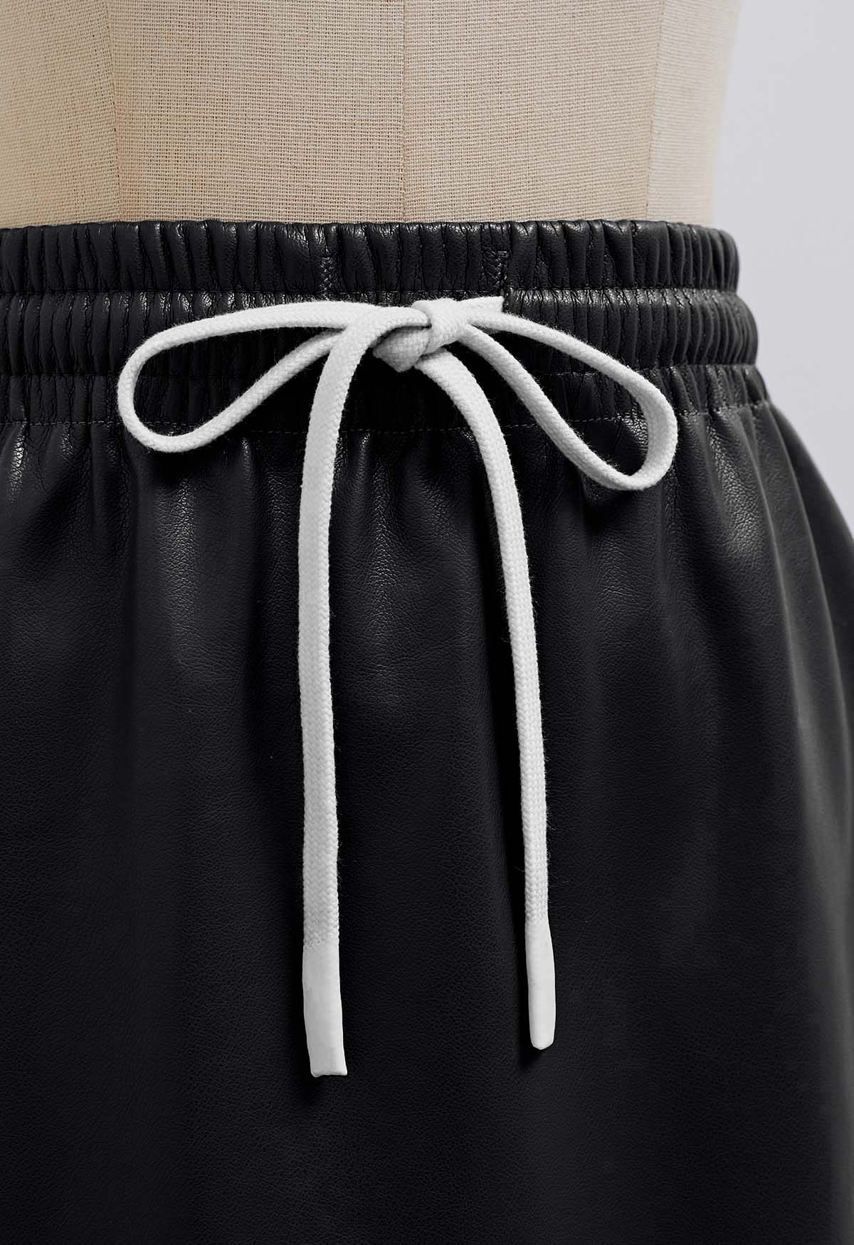 Faux Leather Drawstring Waist Mini Skirt in Black